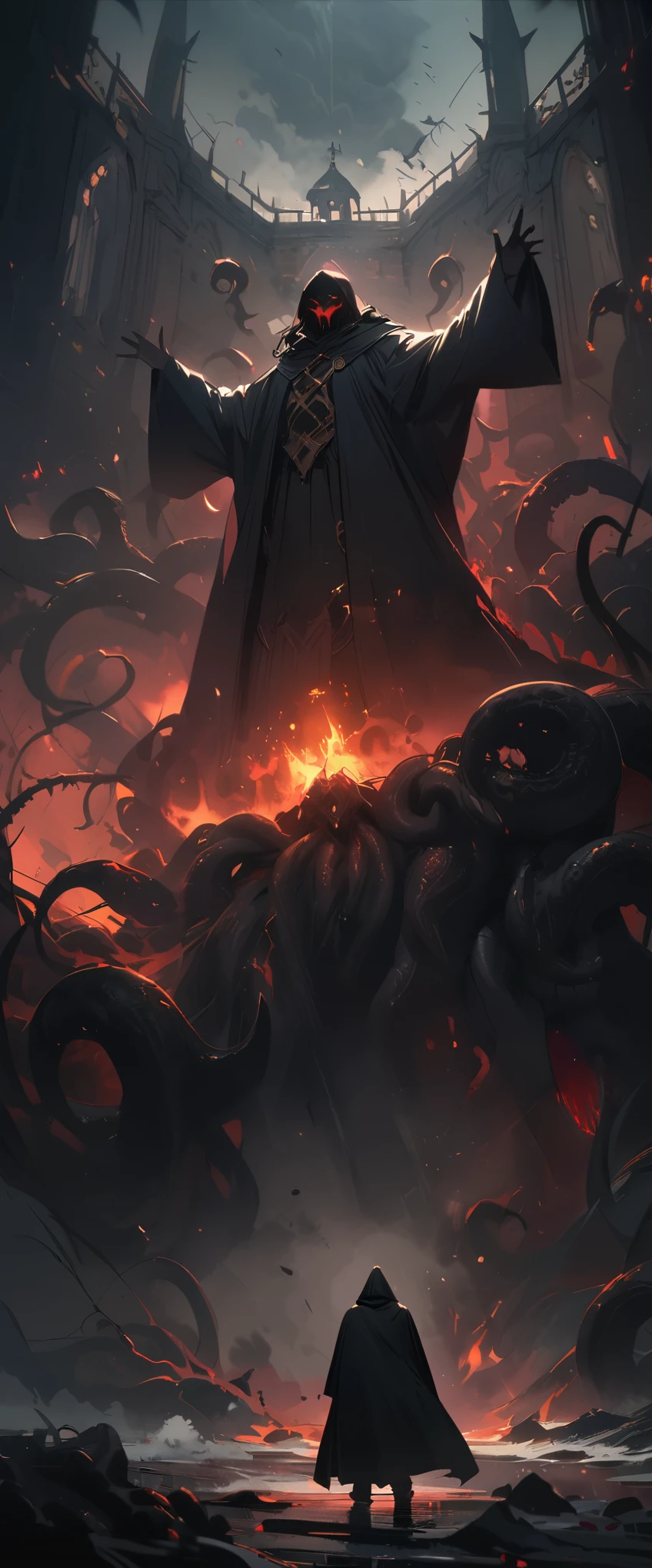 8K resolution, ((best quality)), ((masterpiece)), ((super detailed)), (Very delicate and beautiful), An adult male, black monk robe, black robe, have a dark shadow over one's face, Cthulhu, Cthulhu mythology, crazy的气氛, Feelings of fear, a gloomy atmosphere, church, cult, crazy, dark, mystery, gloomy atmosphere, gloomy, crazy, darkness, Holy, Countless black tentacles, whole body