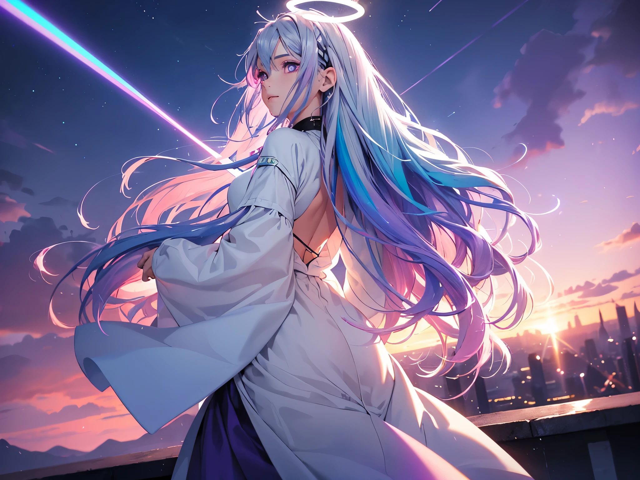 1 girl, 20 year old girl, one person, (Silver blue hair streaked pink purple:1.4), (Gradient sky blue hair ends:1.6), hair strand, absurdly long hair, single sidelock, wavy hair, shiny hair, floating hair, (Illusion deep purple eyes), delicate eyes, aqua eyes, High like real eyes, ((glowing eyes)), makeup, Focus on face, Very detailed facial, hot body, Random environment, Random pose, on the street, looking at the starry night sky, meteor, Technical clothing masterpiece, White extra long skirt, (several cross stars beside), (Colored lights swirl around the body), (((Extra super huge colorful extra super complex multiple magic circle halos upright on the back of the head))), cyberpunk, full body shot, realism, chiaroscuro, ((glowing light)), (sparkle), (ray tracing), cinematic lighting, Futurism, motion blur, Ultra-Wide Angle, god rays, atmospheric perspective, best quality, UHD, super detail, masterpiece, highres, ccurate, retina