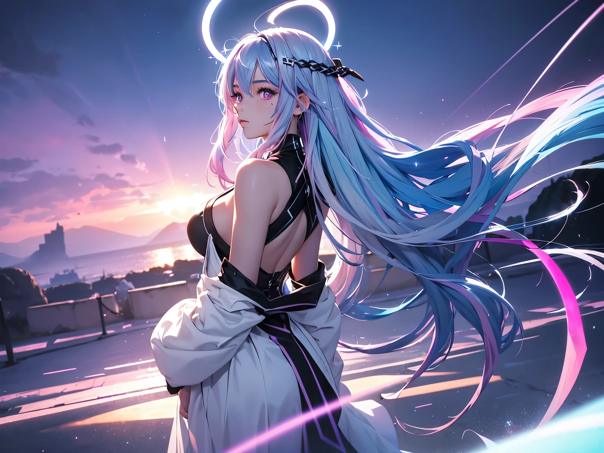 1 girl, 20 year old girl, one person, (Silver blue hair streaked pink purple:1.4), (Gradient sky blue hair ends:1.6), hair strand, absurdly long hair, single sidelock, wavy hair, shiny hair, floating hair, (Illusion deep purple eyes), delicate eyes, aqua eyes, High like real eyes, ((glowing eyes)), makeup, Focus on face, Very detailed facial, hot body, Random environment, Random pose, on the street, looking at the starry night sky, meteor, Technical clothing masterpiece, White extra long skirt, (several cross stars beside), (Colored lights swirl around the body), (((Extra super huge colorful extra super complex multiple magic circle halos upright on the back of the head))), cyberpunk, full body shot, realism, chiaroscuro, ((glowing light)), (sparkle), (ray tracing), cinematic lighting, Futurism, motion blur, Ultra-Wide Angle, god rays, atmospheric perspective, best quality, UHD, super detail, masterpiece, highres, ccurate, retina