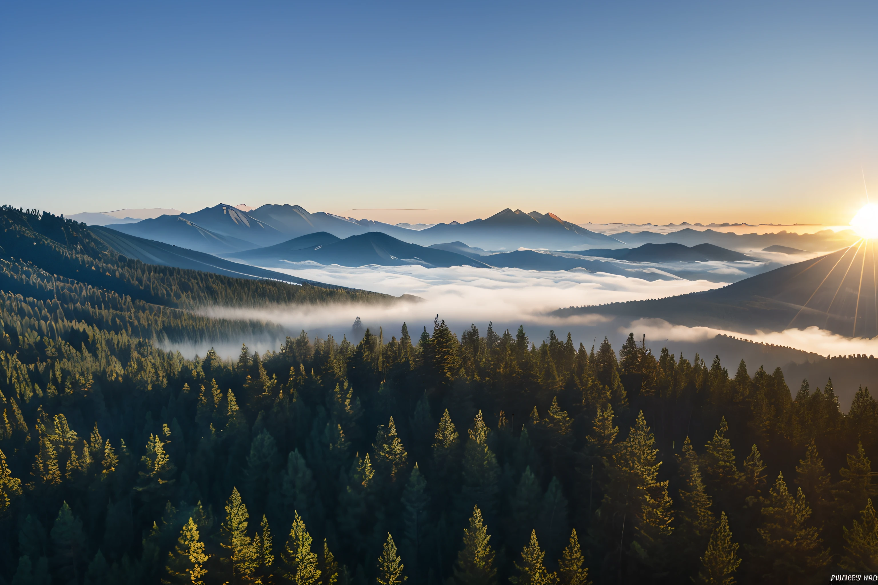 misty pine forest, noon sun, Aerial View, —Associated Press 5:7 —s 1000