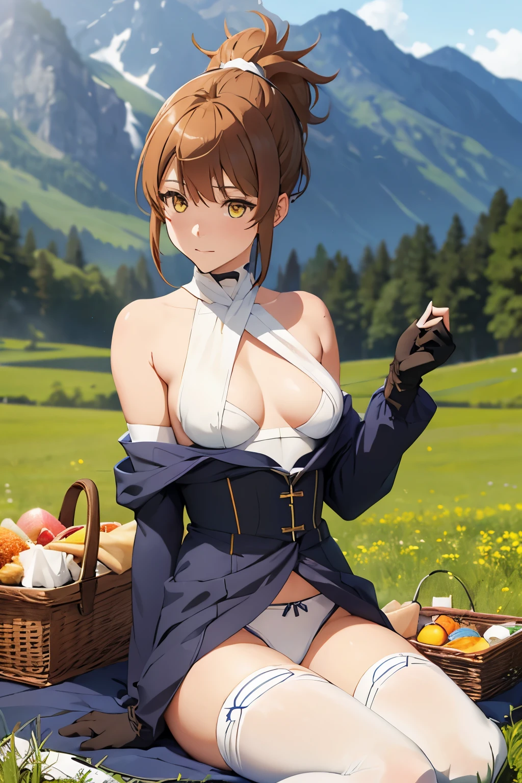 young woman, Marci, brown hair, short ponytail, yellow eyes, blue lingerie, white stockings, sitting in the field across the mountains, blurry foreground, white gloves, picnic, food on the sheet, (topless), hentai, bare chest