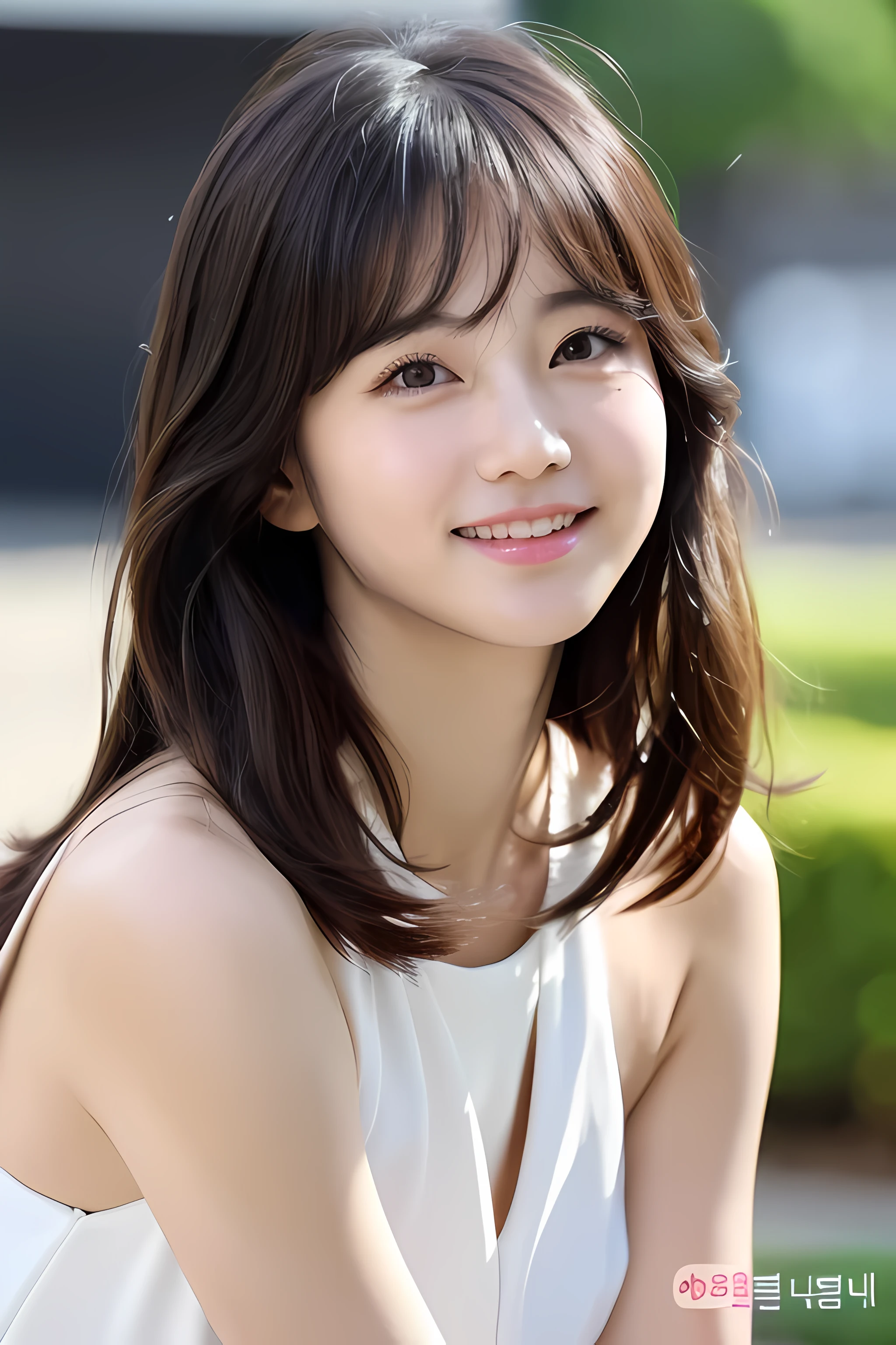 (One cute Korean star with royal sister style), ((highest quality, 8K, masterpiece: 1.3)), focus: 1.2, perfect body proportions: 1.4, (make a smile), (ray tracing),Watery eye, Highly detailed face and skin texture, fine eyes, double eyelid, whiten skin, (white long hair, air bang: 1.3), (round face: 1.5), Blowjob with a smile naked Black hair wavy long hair the length of the hair、up to the ankle Bangs are thick Photograph up to the waist