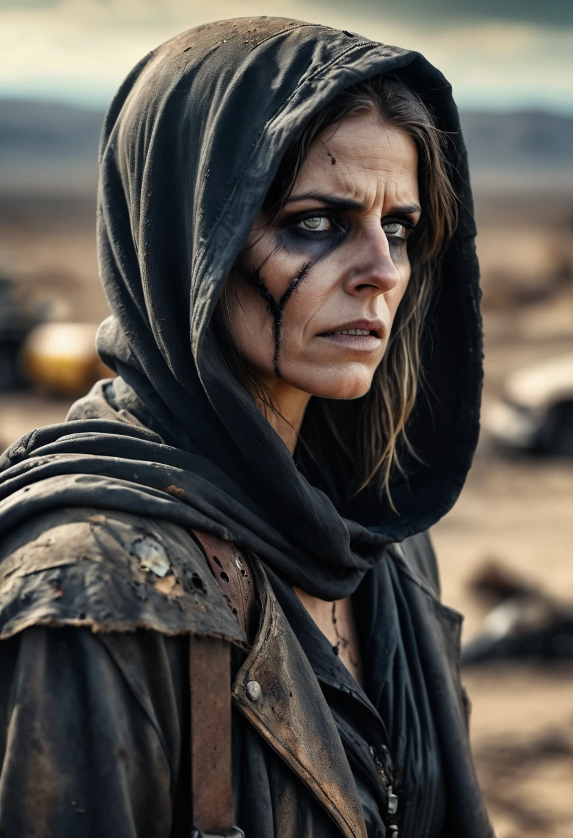 (Realistic:1.4), analog photo style, depth of  field,  Vivid colors, fragile, vulnerable, female reaper, sad, worried expression, looking away, professional photoset in post-apocalyptic style, insanely detailed, intricate wasteland  landscape background,  (((masterpiece))), top quality, 8K, ultra high resolution, high contrast, low saturation