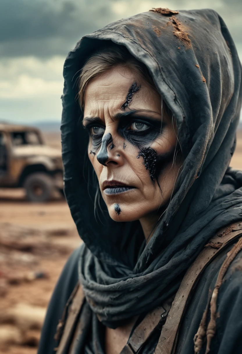 (Realistic:1.4), analog photo style, depth of  field,  Vivid colors, fragile, vulnerable, female reaper, sad, worried expression, looking away, professional photoset in post-apocalyptic style, insanely detailed, intricate wasteland  landscape background,  (((masterpiece))), top quality, 8K, ultra high resolution, high contrast, low saturation