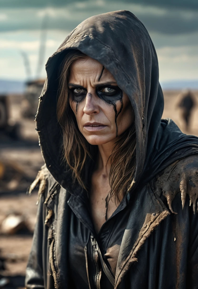 (Realistic:1.4), analog photo style, depth of  field,  Vivid colors, fragile, vulnerable, female reaper, sad, worried expression, looking away, professional photoset in post-apocalyptic style, insanely detailed, intricate wasteland  landscape background,  (((masterpiece))), top quality, 8K, ultra high resolution, high contrast, low saturation