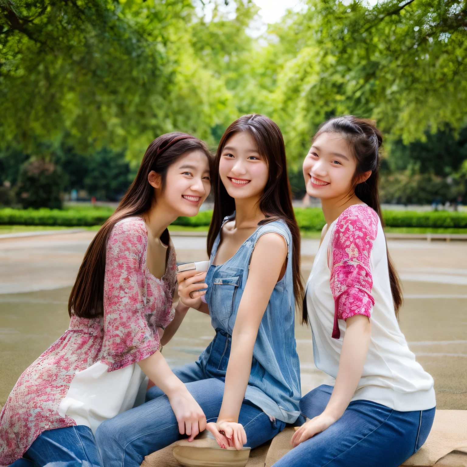 Three young women taking pictures in the park, Ulzzang, cute girls, beautiful girl, with long hair, Look in the mirror３sisters, wearing Japanese , 3 joy, Two Japanese female students posing, cute core, 8K selfie photo, perfume, [ realistic pictures ]!!, beautiful japanese girl face, young gravure idol, princess cut