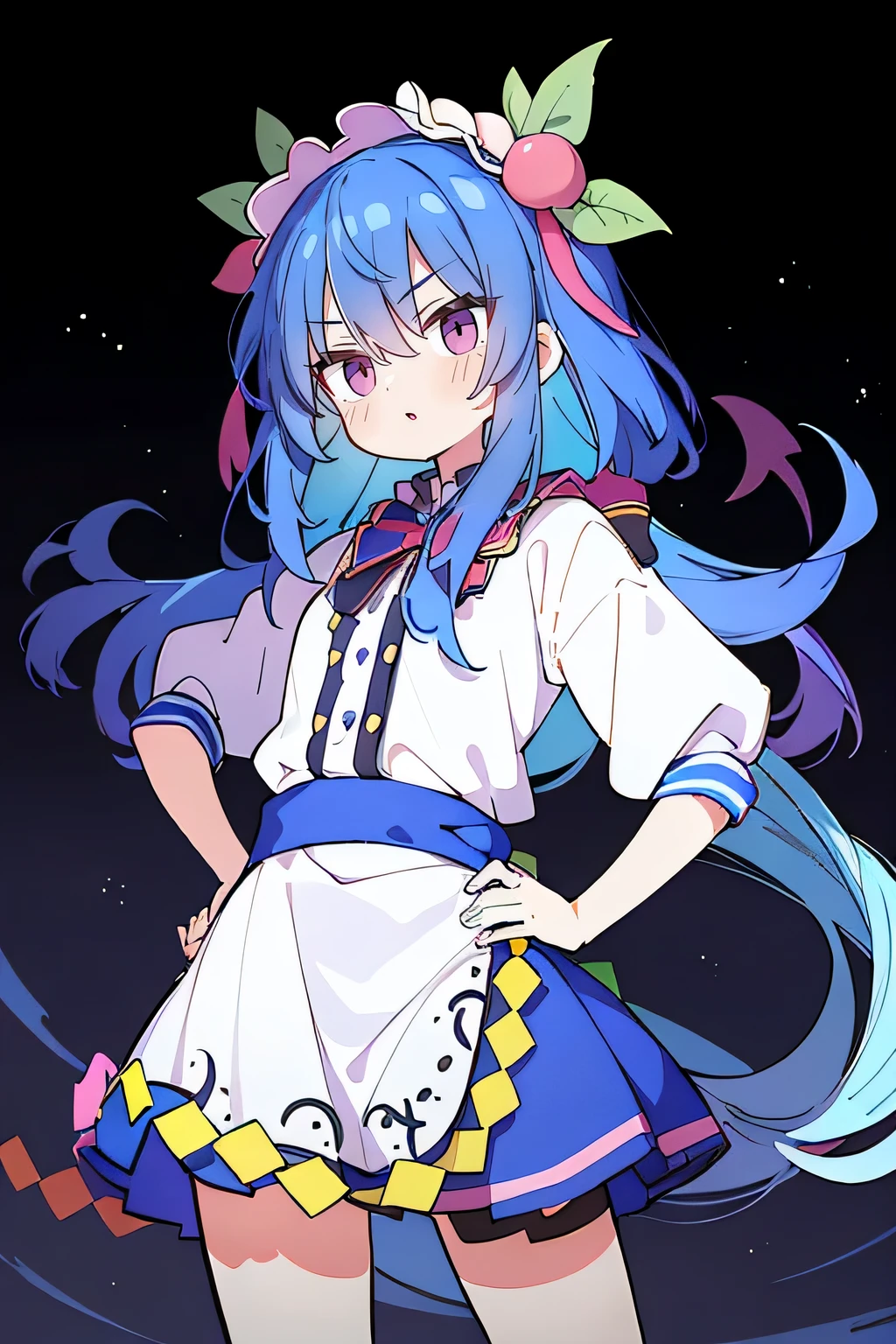 (masterpiece),best quality, expressive eyes, perfect face, 1girl,
 Put your hands on your waist,fair, Gorgeous,Japanese cartoons,girl,lola,Hina Angel, blue hair, blue haired, floating clothes,Grab your waist, Grab your waist, hands on hips , hands on hips,flat chest,starry sky,
