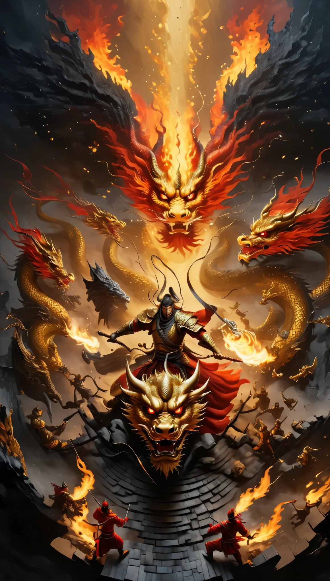 Bottom view，(anthropomorphic Chinese dragon warrior in golden armor fighting enemies), Chinese mythology，sword swinging to split the roof of an underground cave, red flames of hell, rubble flying, explosions, epic images, iper quality, iper detail, intricate detail, octan rendering, cinema, standing facing the viewer, mythological creatures, hermits, conceptual art, wide angle, full composition, dynamic lighting, film