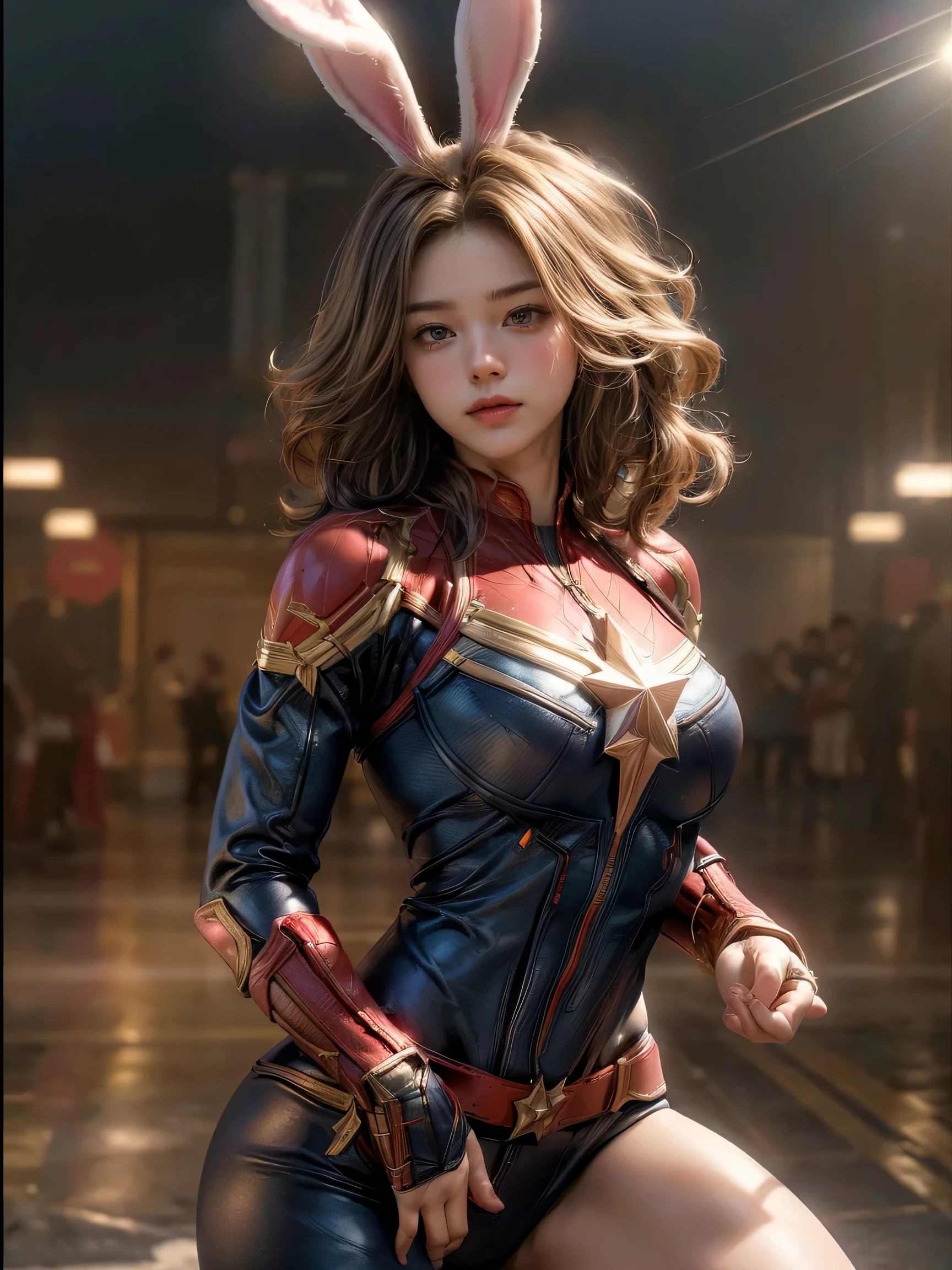 ((masterpiece, highest quality, Highest image quality, High resolution, photorealistic, Raw photo, 8K)), girl,(Easter bunny:1.3) in Marvel superhero version,big breasts,marvel style, captain marvel