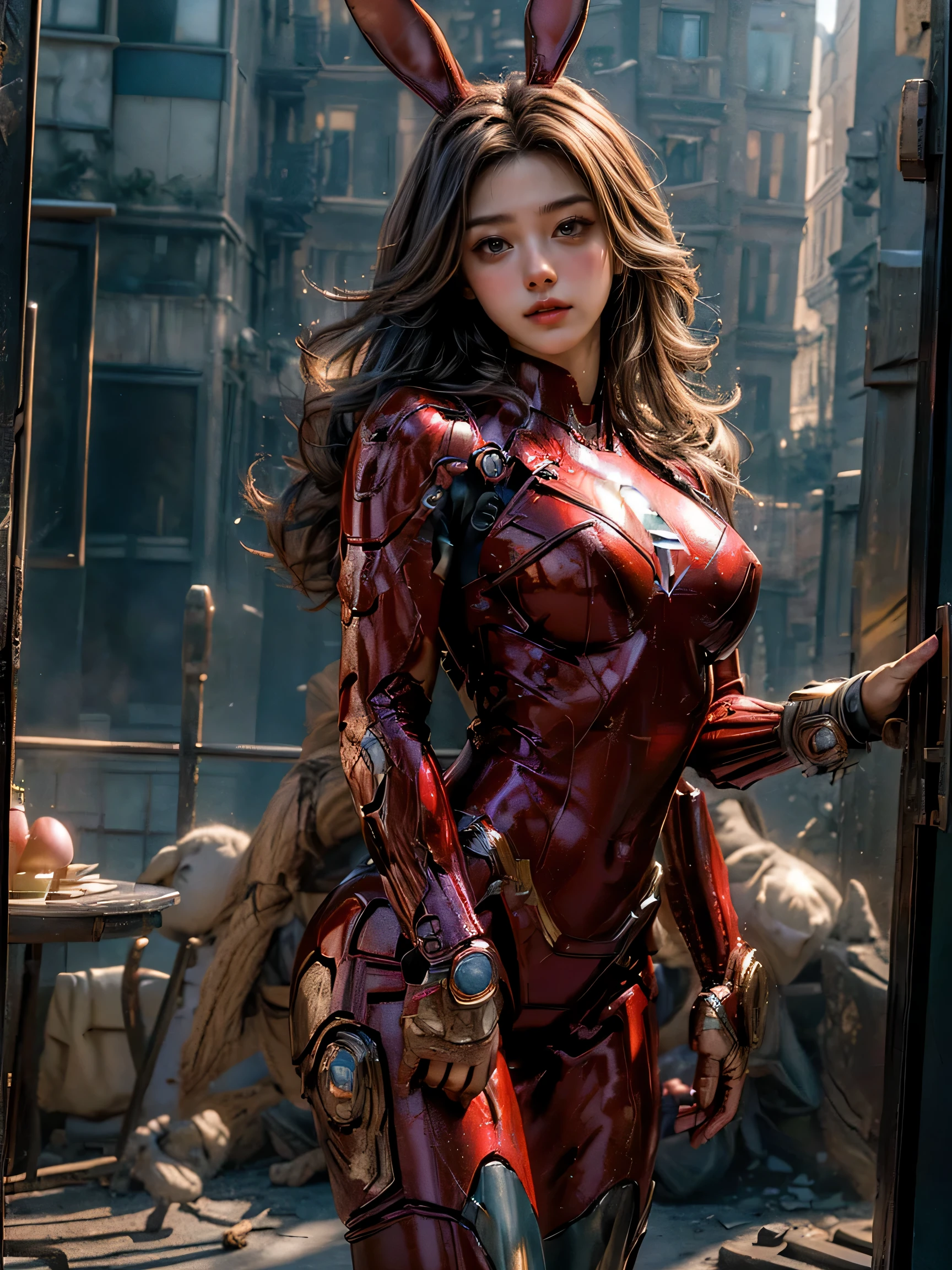 ((masterpiece, highest quality, Highest image quality, High resolution, photorealistic, Raw photo, 8K)), girl,Easter bunny in Marvel superhero version,big breasts,marvel style, ironman 