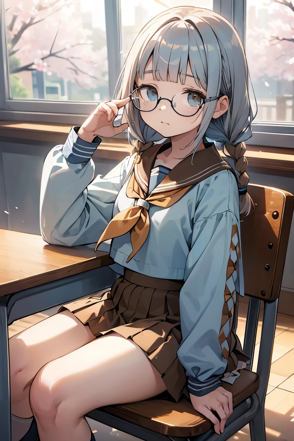 (best quality:1.2), masterpiece,Watercolor,kawaii,One 16-year-old idol,ultra-detailed face,cute detailed eyes,twin braids,silver hair,blunt bangs,wayfarer glasses,anguish,wearing brown serafuku, (brown:1.5), (abdomen), sailor suit, (big sailor collar), (brown sailor collar), brown ribbon tie , (Light blue tops: 1.5), Long sleeves, (Hem out), Brown cuffs with three light blues tripes, (Brown pleated skirt), Plain, (Short skirt: 1.5), Destroyed, Cherry blossoms solo outside the window,sit in a chair, Her hands on the desk,classroom,High Angle,soft light