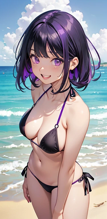 Realistic、1girl、(Open mouth happy grin：1.3),(cute face:1.5),(tareme:1.3),(black hair purple hair hair gradient hair:1.3),(purple eyes)、(kind eyes:1.3)、leaning forward、open stance,(middle hair),( portrait:1.3,face focus:1.3,cowboy shot),(black enamel micro :1.3)、(large breasts),(midsummer beach:1.3)
