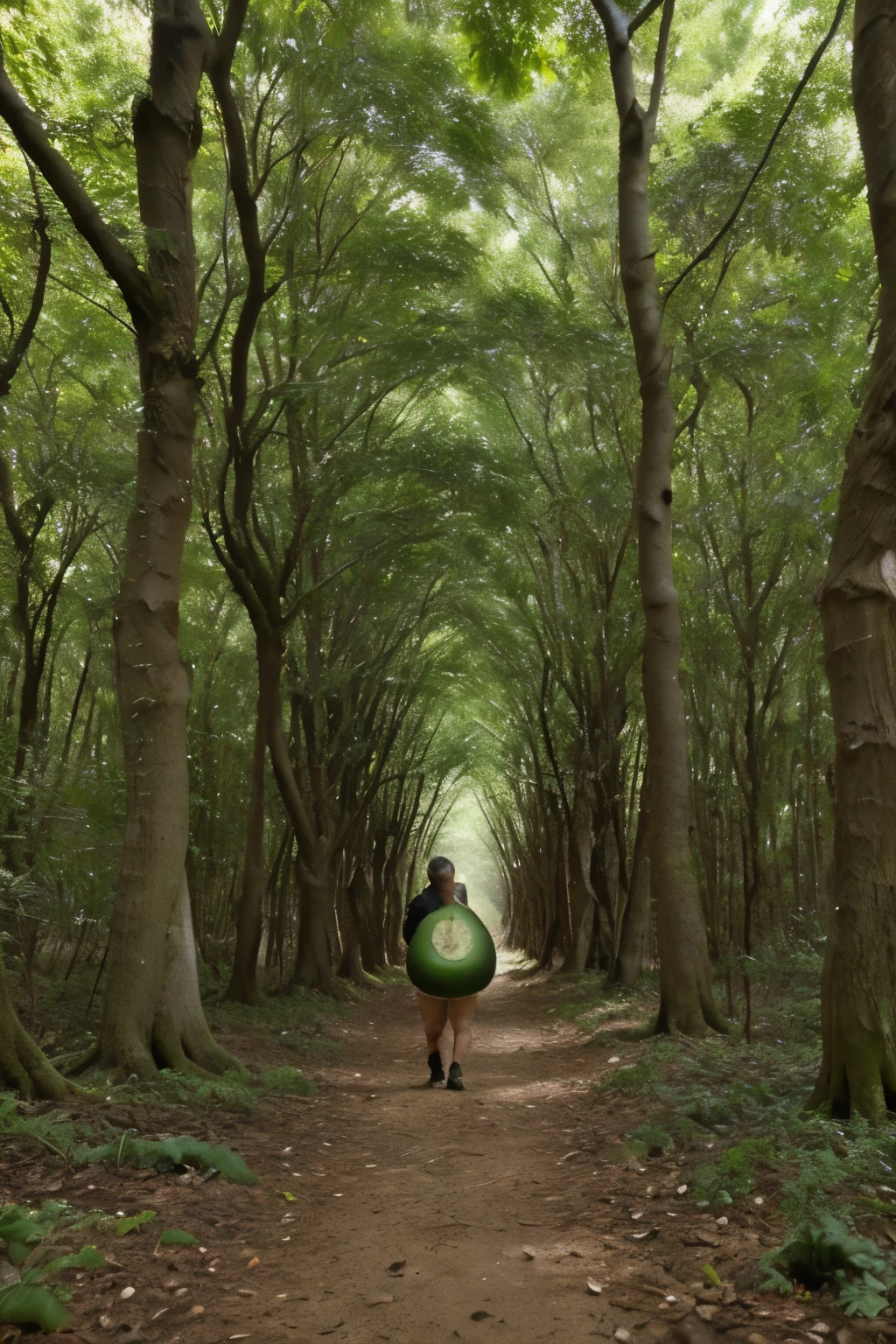 Aguacate con semilla con ojos caminando en un bosque caricatura
