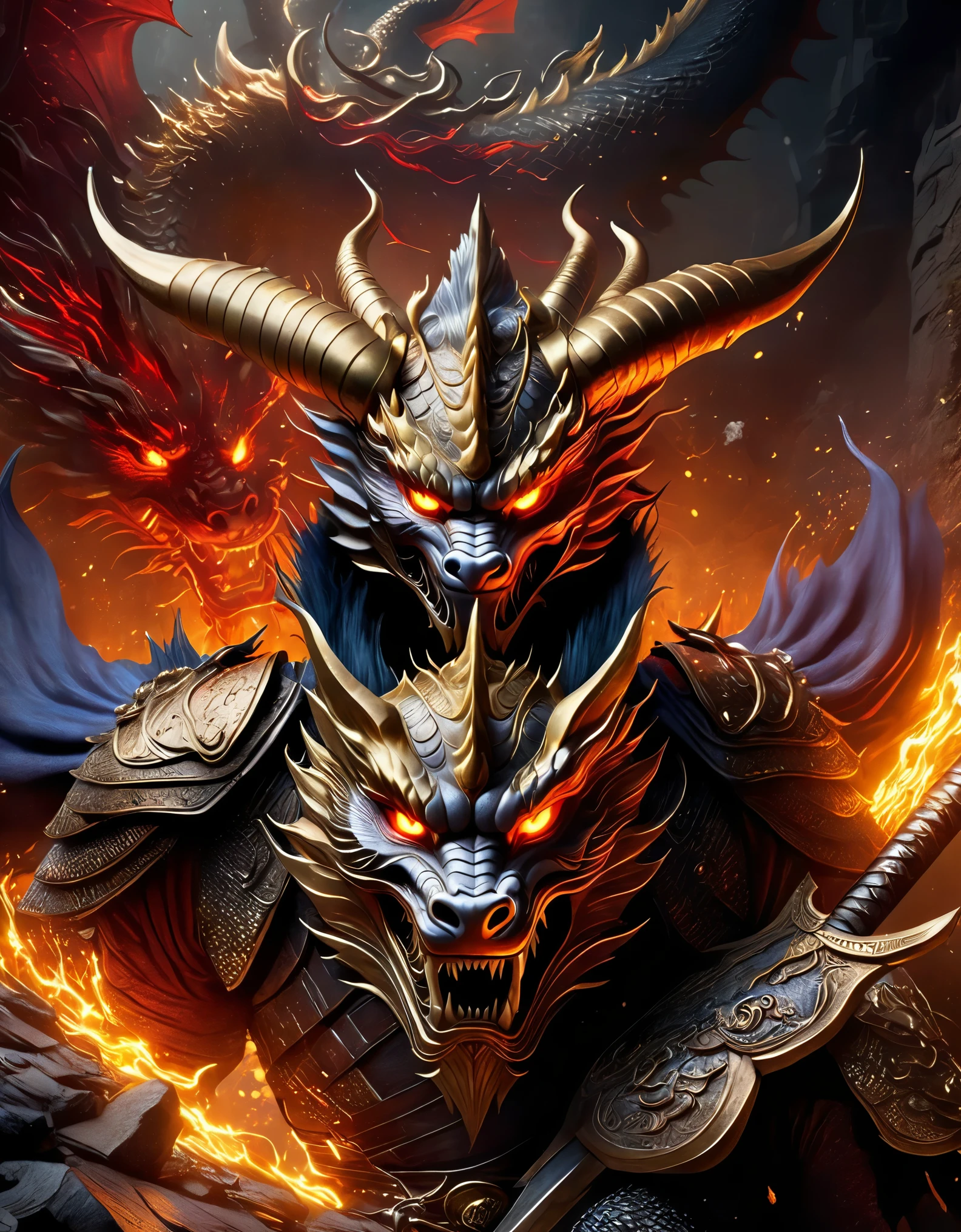 top view,(anthropomorphic Chinese dragon warrior in golden armor fighting enemies), sword swinging through dungeon roofs, red flames of hell, rubble flying, explosions, epic footage, iper quality, iper detail, intricate detail, octan rendering, cinema, standing facing the viewer, mythological creatures, hermits, conceptual art, wide angle, full composition, dynamic lighting, film