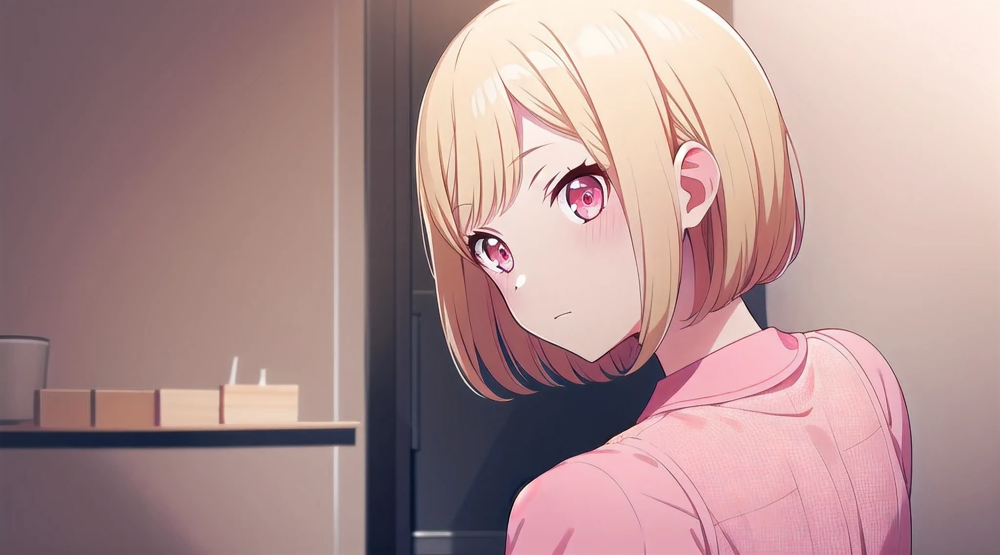 1girl, solo, upper body, exposed back, blonde hair, bob hair, short hair, short bob hair, bob cut, haircut, undercut, bobbed hair, minibob, buzz hair cut, pink eyes, Shave his hair, Short ear hair, looking at viewer, Borobudur