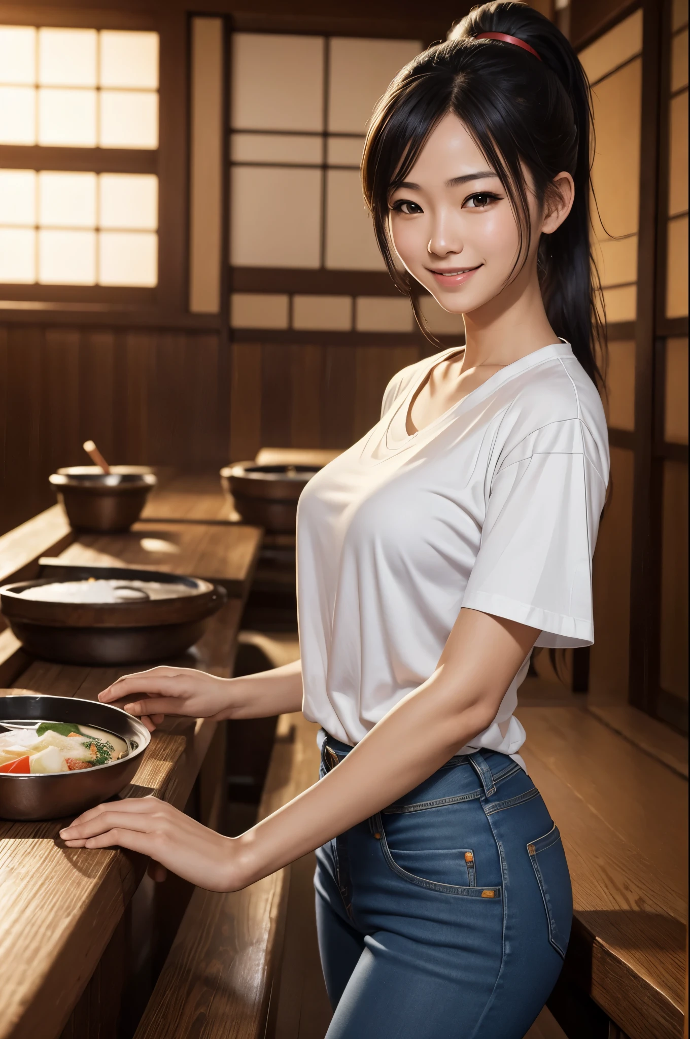 8K,Japanese woman working at an izakaya,Super beautiful(like the real thing),adult woman,Tavern clerk costume,ponytail,jeans,smile,masterpiece,Photorealistic RAW photos of the highest quality。bright colors,rich colors, Backlight, cinematic lighting, film grain, to be born, 50MM lens, Nikon D850,super realistic skin,fantasy art,character art,ultra high resolution,realistic scale skin,Perfect hand shape,view audience,smile,beautiful expression,Close-up,muscular slim body,Makeup,sexy,At work,white t-shirt,