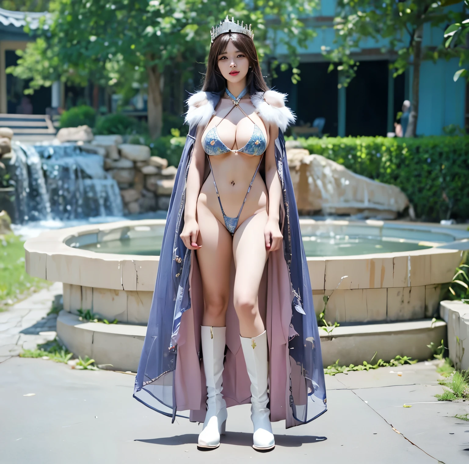 Araf woman in bikini and cape posing for photo, full body xianxia, sweet smile，long legged girl，put on boots，huge breasts，Beautiful fantasy queen, 穿着fantasy costumes, Gorgeous role play, Queen of the Sea Mu Yanling, cosplay photos, fantasy costumes, Anime Girls Cosplay, elegant Fascinating role play, promotional role play, Sha Xi, wenfei ye, Fascinating role play