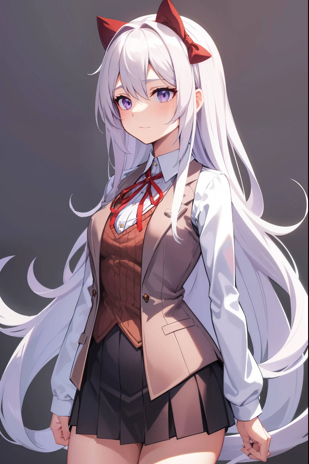 young woman, long white hair, light purple eyes, стиль Doki Doki Literature Club! , villainess, gray vest, white shirt, red bow on the neck, blue pixels skirt, pixel girl, pixel picture, simple background
