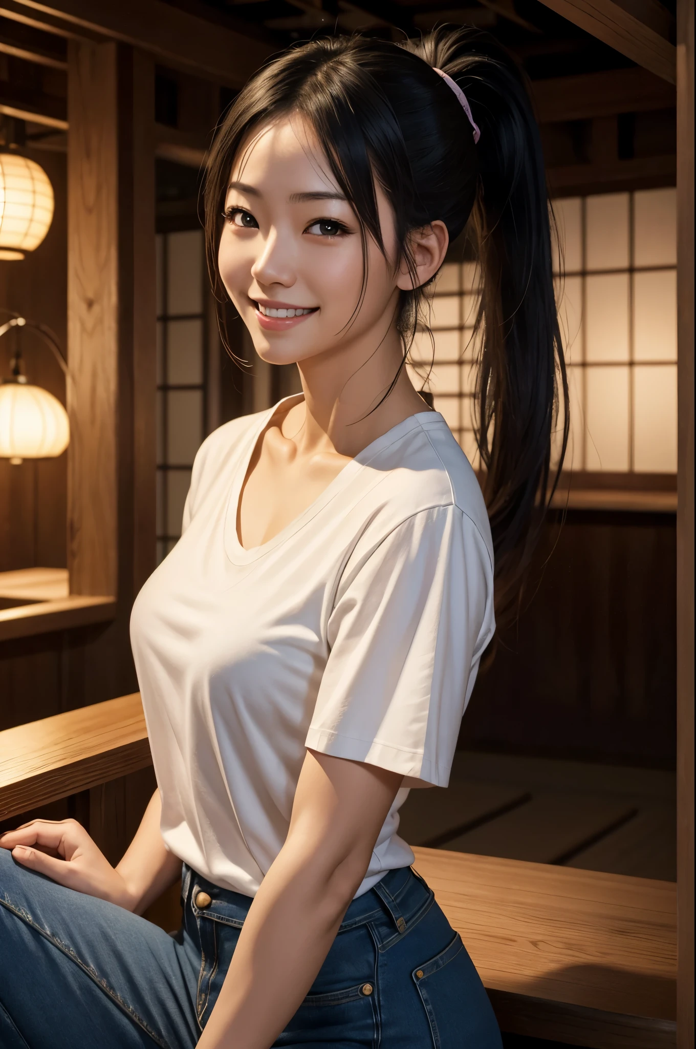 8K,Japanese woman working at an izakaya,Super beautiful(like the real thing),Tavern clerk costume,ponytail,jeans,smile,masterpiece,Photorealistic RAW photos of the highest quality。bright colors,rich colors, Backlight, cinematic lighting, film grain, to be born, 50MM lens, Nikon D850,super realistic skin,fantasy art,character art,ultra high resolution,realistic scale skin,Perfect hand shape,view audience,smile,beautiful expression,Close-up,muscular slim body,Makeup,sexy,At work,white t-shirt,