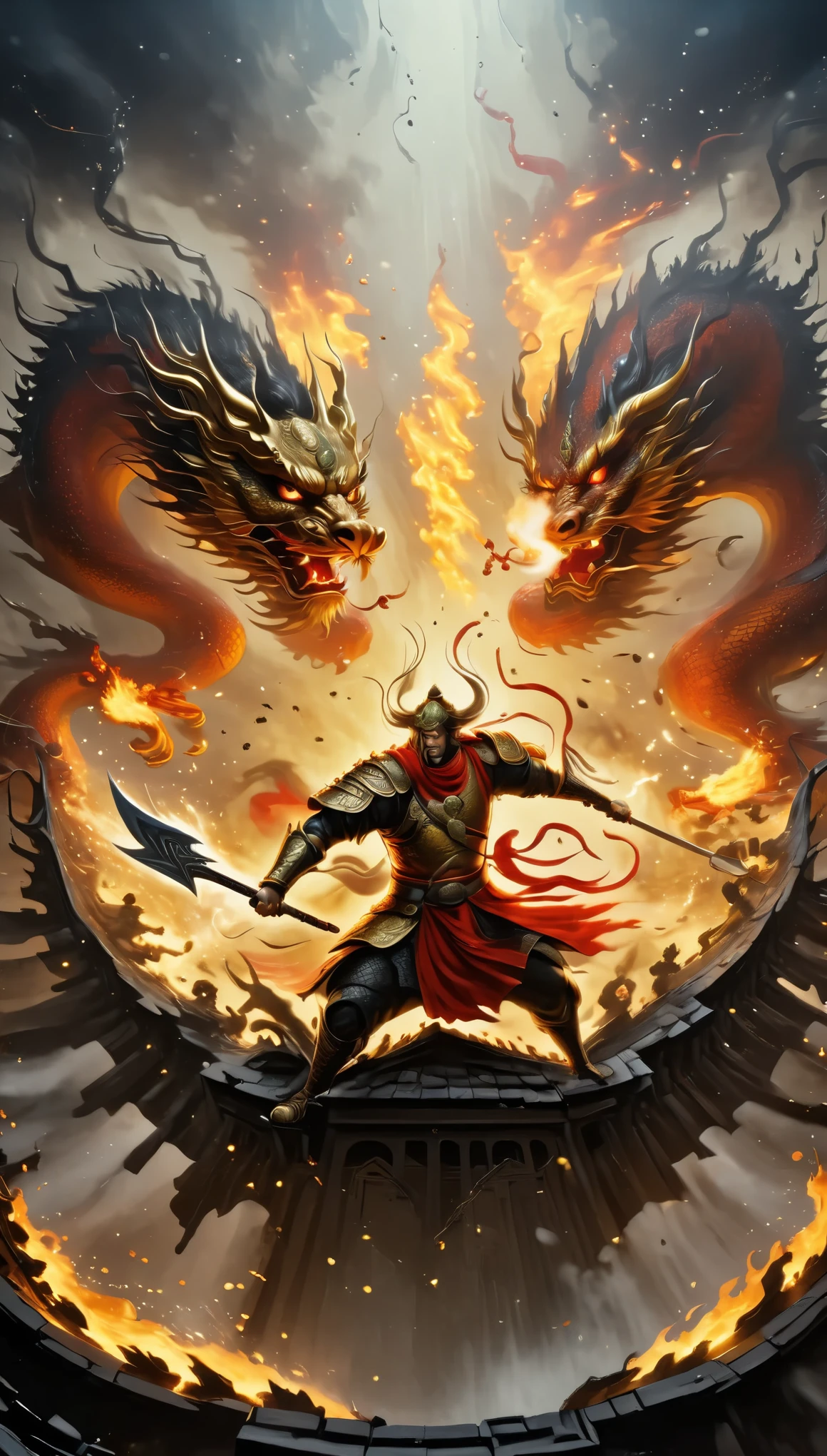 top view,(anthropomorphic Chinese dragon warrior in golden armor fighting enemies), sword swinging through dungeon roofs, red flames of hell, rubble flying, explosions, epic footage, iper quality, iper detail, intricate detail, octan rendering, cinema, standing facing the viewer, mythological creatures, hermits, conceptual art, wide angle, full composition, dynamic lighting, film