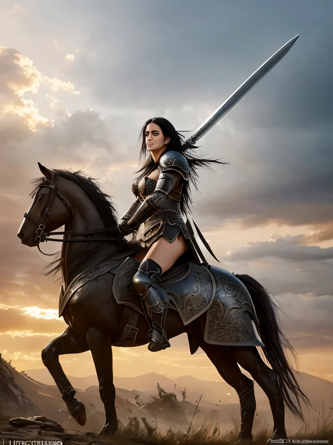 Hyper realistic photography in the style of Luis Royo of Courteney Cox long wild black hair, heavy black mascara long eyelashes portrayal of a fantasy warrior wearing armor, posing with a large sword, bronze guard, storming clouds background, intense facial features realism artistry