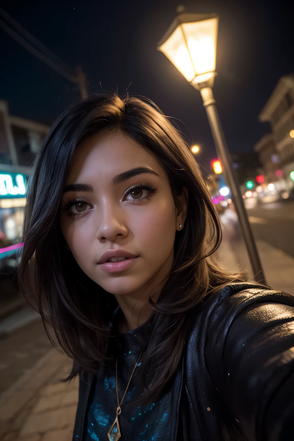 ((best quality)), ((master part)), (circunstanciado), rosto perfeito, (selfie tirada, de cima:1.4), (postrait de meio corpo:1.4), foto de retrato RAW uhd de uma morena de 24 anos (mulher de olhos azuis) caminhando por um beco escuro, breasts_b natural, fundo noturno da cidade, (vestido de sol vermelho), (decote), detalhado (texturas!, cabelo!, brilho, cor!!, Imperfections:1.1), olhos brilhantes altamente detalhados, (looking-into-camera), specular illumination, dslr, ultra qualidade, sharp focus, Clear cross, dof, grain of film, (centralizado), Fujifilm XT3, cristalino, centro do quadro, rosto bonito, sharp focus, street lamp, neon lights, bokeh, (mal iluminado), discreto, in the nighttime, (night sky) poros detalhados da pele, pele oleosa, bronzeado, detalhe intrincado dos olhos