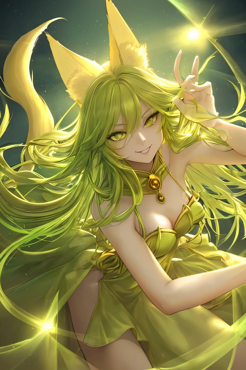 (best quality, highres), long yellow hair, vibrant green eyes, fluffy fox ears, multiple fox tails, elegant pose, mesmerizing gaze, charming smile, cute and playful girl, low-cut dress, cat-like movements, stunning beauty, enchanting atmosphere, glowing sunlight, vibrant colors