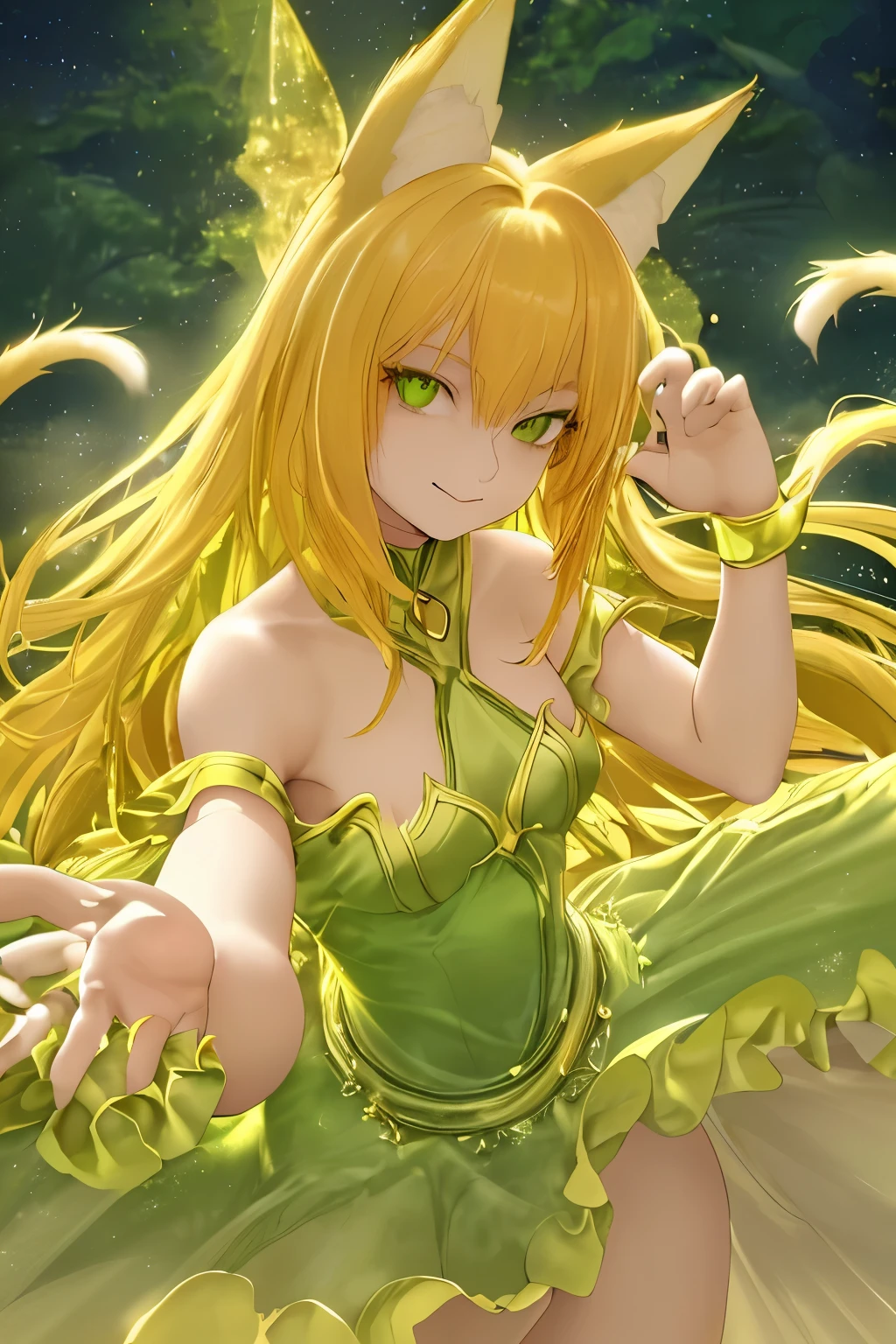 (best quality, highres), long yellow hair, vibrant green eyes, fluffy fox ears, multiple fox tails, elegant pose, mesmerizing gaze, charming smile, cute and playful girl, low-cut dress, cat-like movements, stunning beauty, enchanting atmosphere, glowing sunlight, vibrant colors