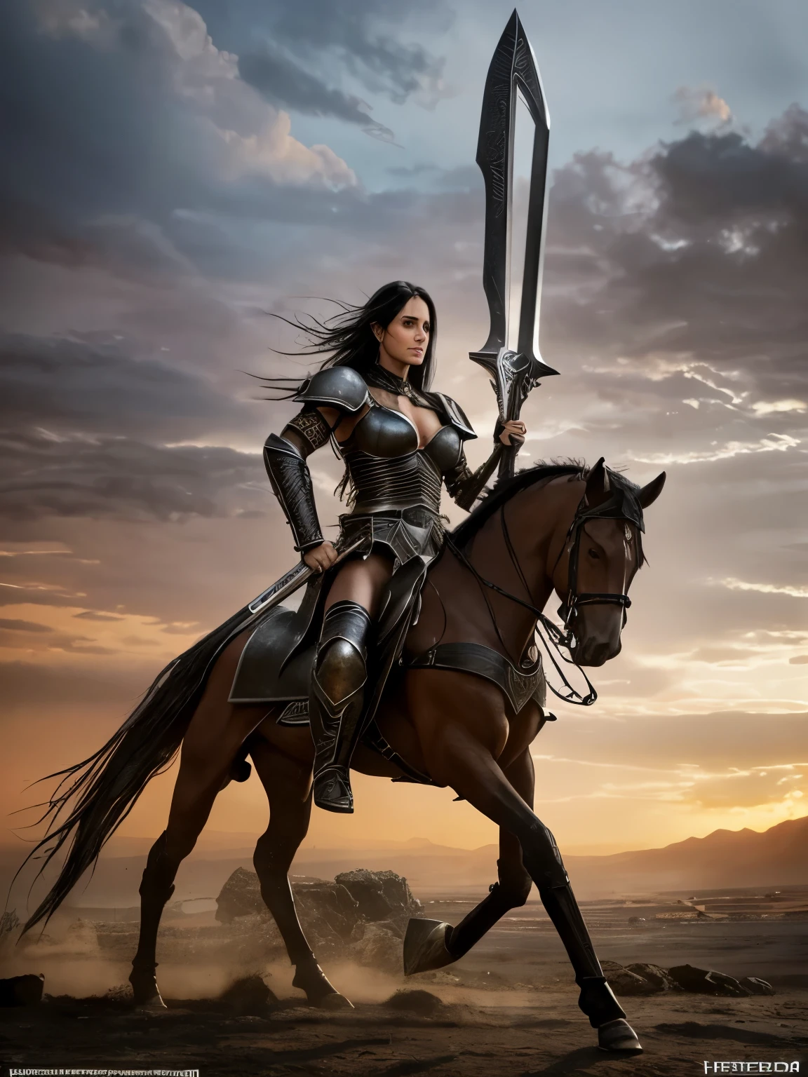 Hyper realistic photography in the style of Luis Royo of Courteney Cox long wild black hair, heavy black mascara long eyelashes portrayal of a fantasy warrior wearing armor, posing with a large sword, bronze guard, storming clouds background, intense facial features realism artistry