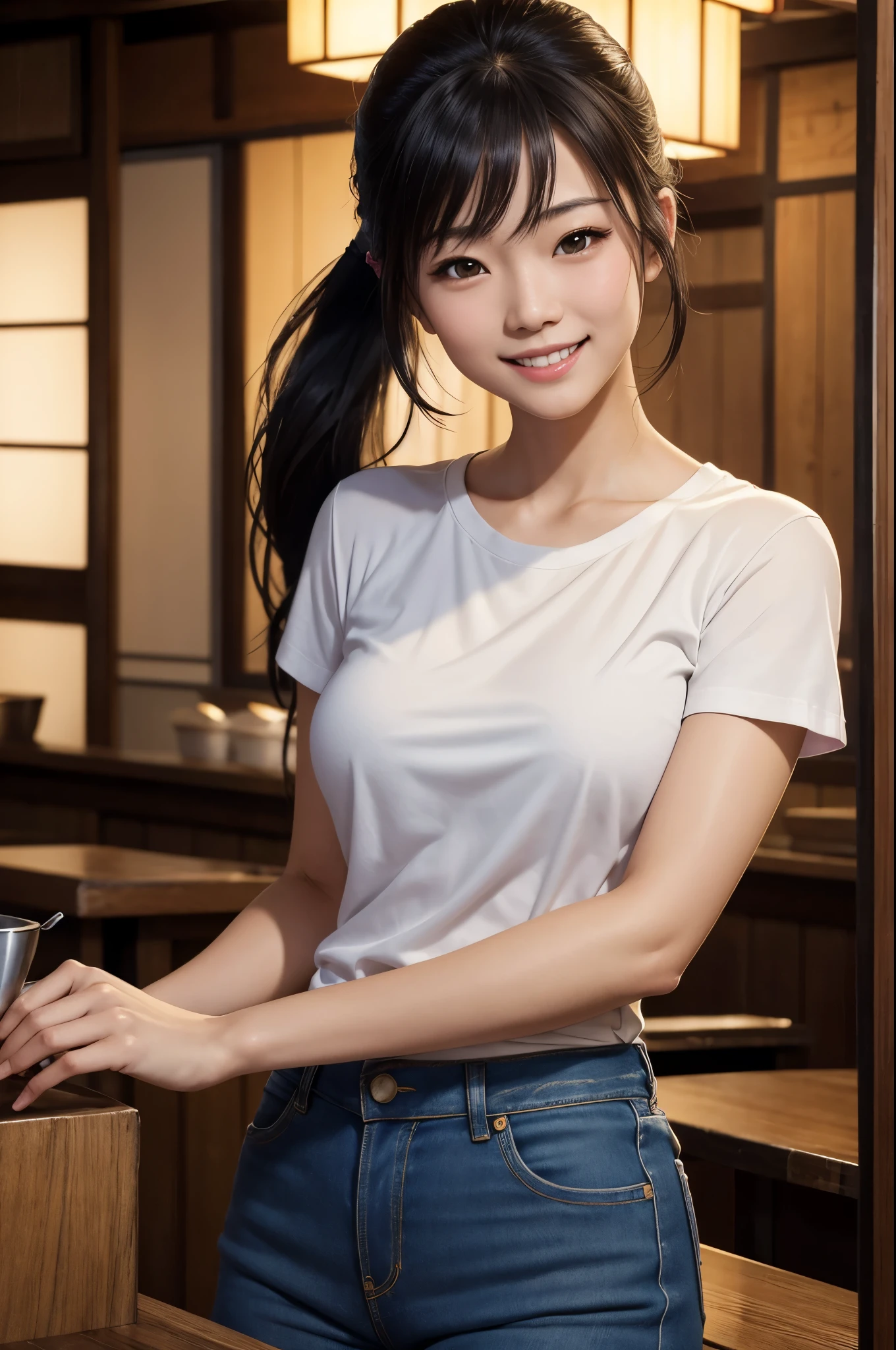 8K,Japanese woman working at an izakaya,Super beautiful(like the real thing),adult woman,Tavern clerk costume,ponytail,jeans,smile,masterpiece,Photorealistic RAW photos of the highest quality。bright colors,rich colors, Backlight, cinematic lighting, film grain, to be born, 50MM lens, Nikon D850,super realistic skin,fantasy art,character art,ultra high resolution,realistic scale skin,Perfect hand shape,view audience,smile,beautiful expression,Close-up,muscular slim body,Makeup,sexy,At work,white t-shirt,