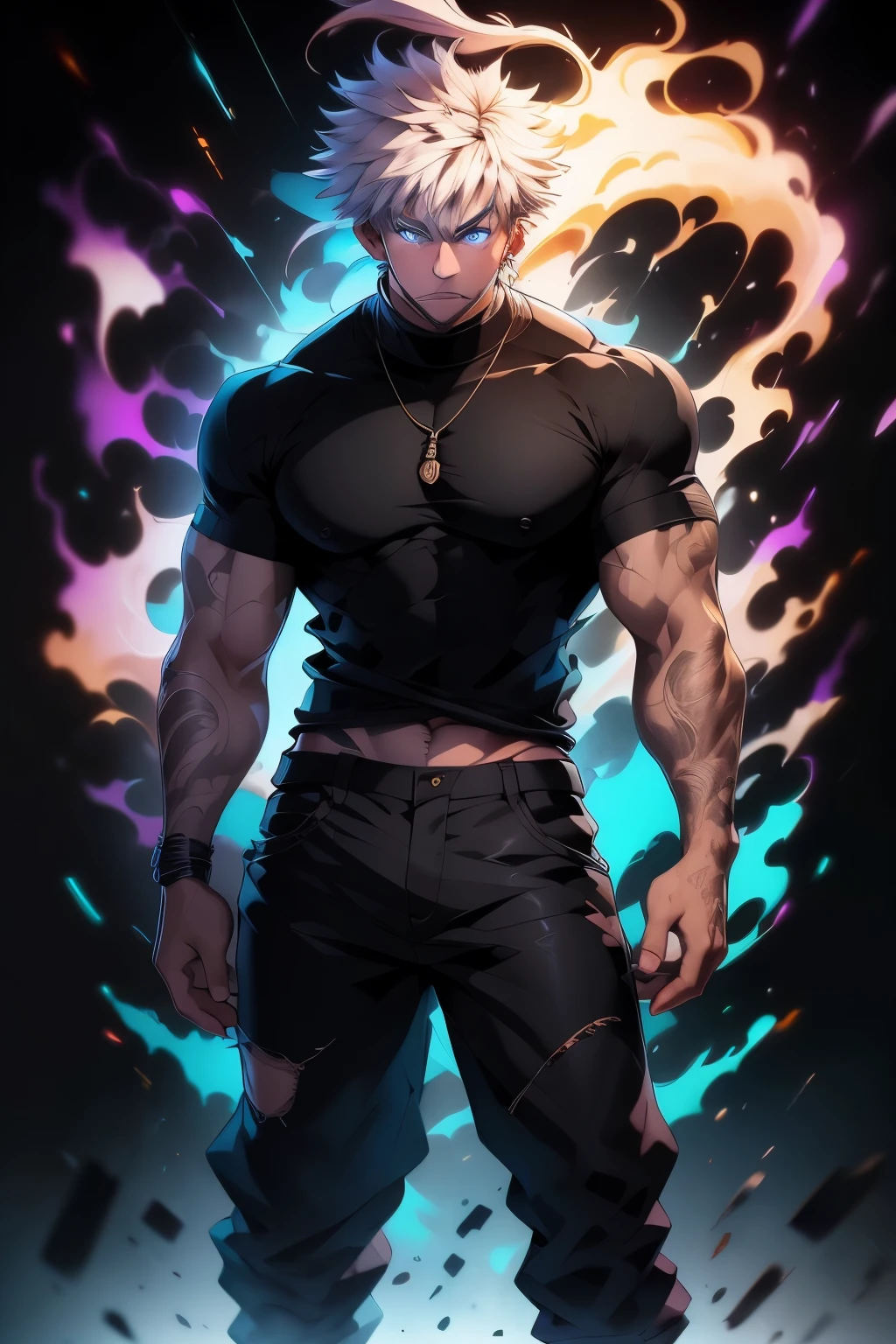 masterpiece, best quality, (extremely detailed CG unity 8k wallpaper, masterpiece, best quality, ultra-detailed, best shadow), (detailed background), (beautiful detailed face, beautiful detailed eyes), High contrast, (best illumination, an extremely delicate and beautiful),((colourful paint splashes on transparent background, dulux,)), ((caustic)), beautiful detailed glow,full body, , seductive anime boy, anime realism style, attractive anime boy,beautiful alluring anime men, looking gojo satoru , ((gojo satoru)) gojo satoru of Jujutsu Kaisen, whole body staring at camera. black round glass,full body pose