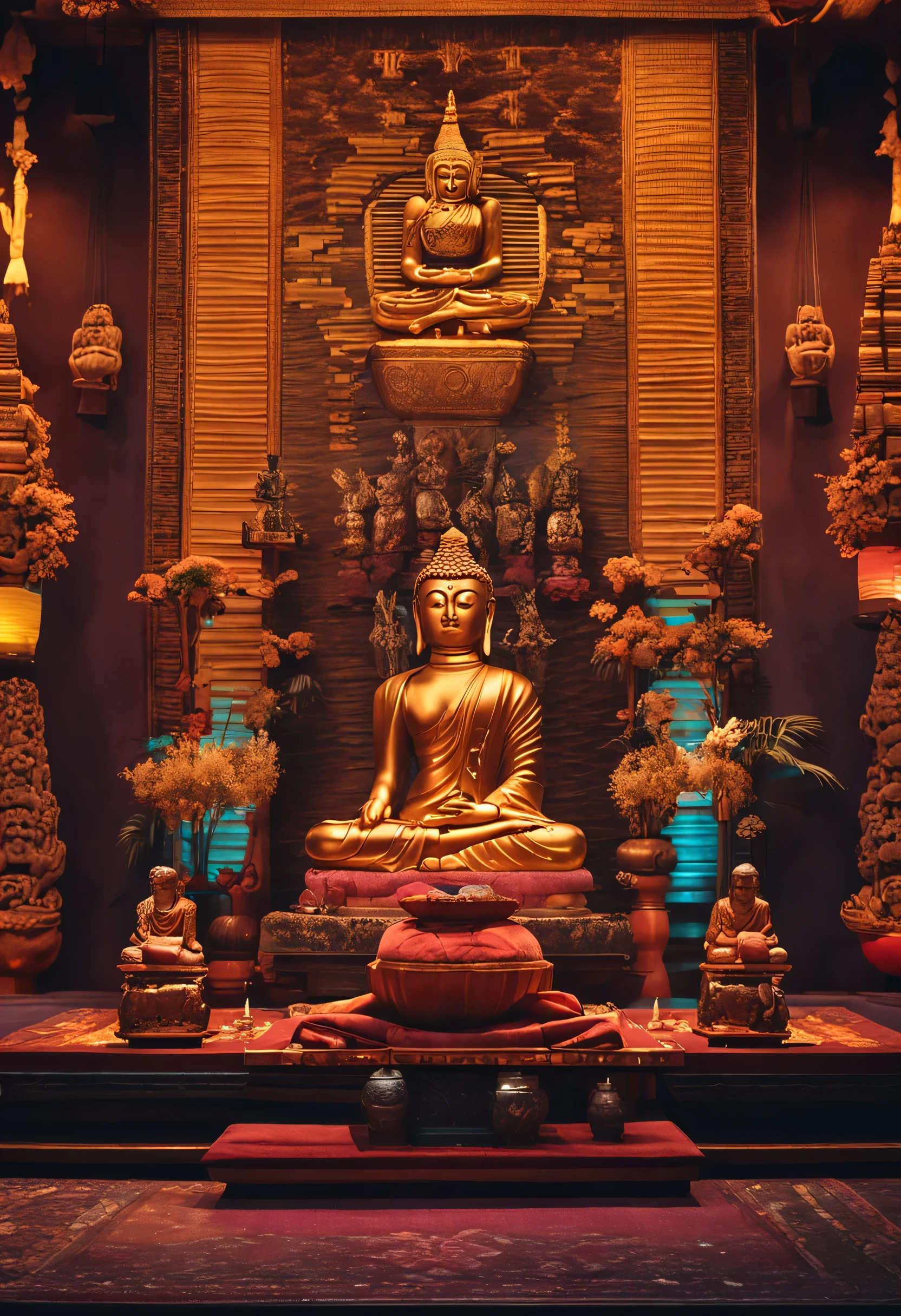 There is a Buddha statue on the altar,Another person meditates