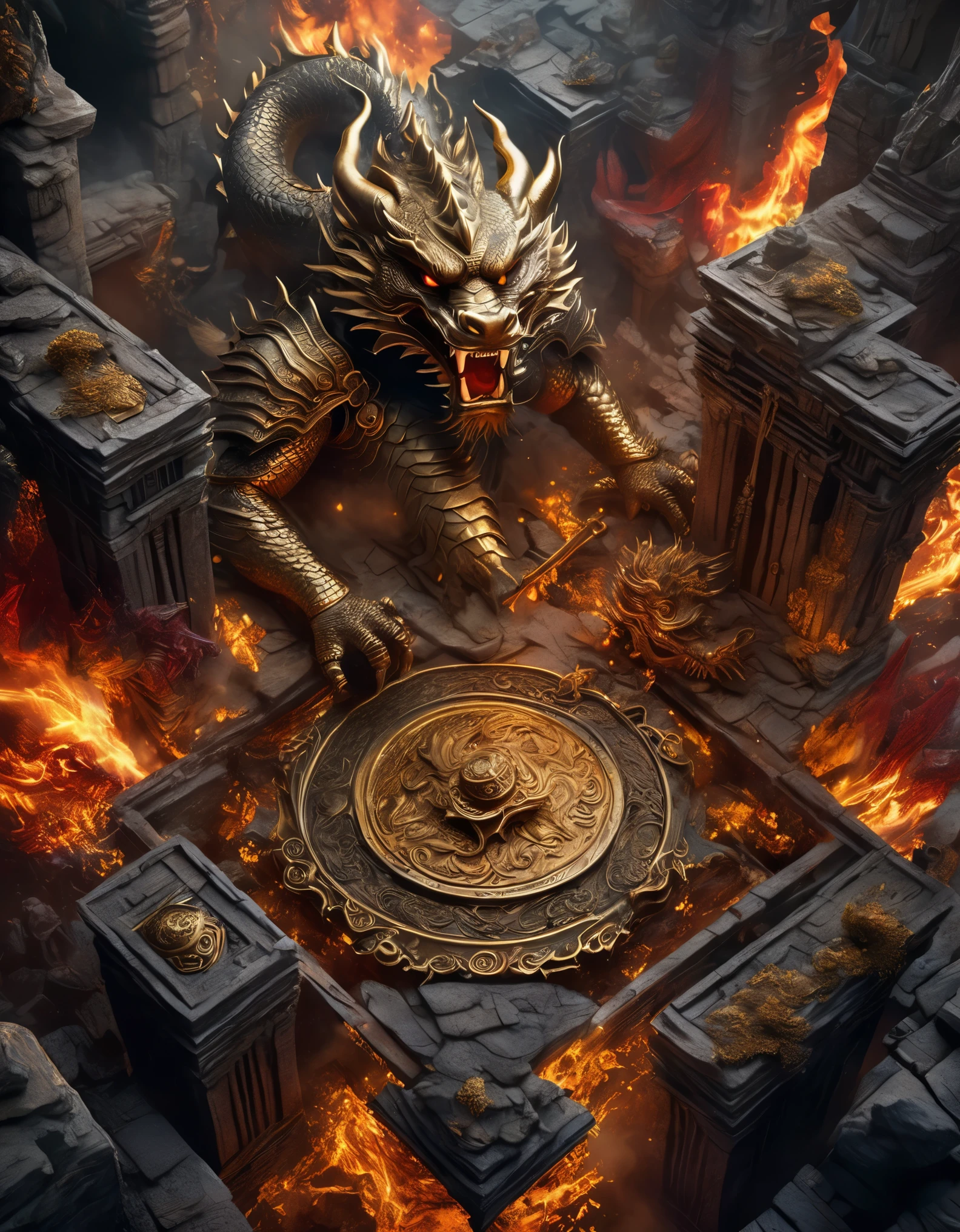 top view，(anthropomorphic Chinese dragon warrior in golden armor fighting enemies), sword swinging through dungeon roofs, red flames of hell, rubble flying, explosions, epic footage, iper quality, iper detail, intricate detail, octan rendering, cinema, standing facing the viewer, mythological creatures, hermits, conceptual art, wide angle, full composition, dynamic lighting, film