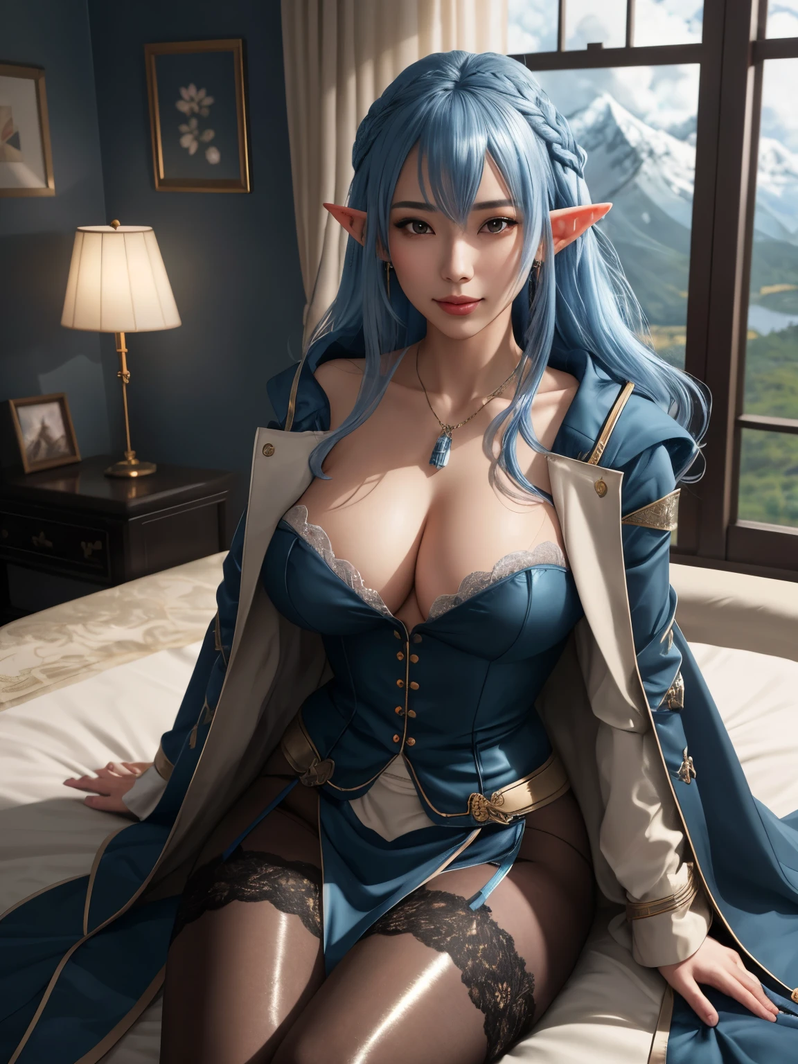 delicated best quality ,masterpiece, illustration, an extremely delicate and beautiful, extremely detailed ,CG ,unity ,8k wallpaper, Amazing, finely detail, masterpiece, best quality, official art, extremely detailed CG unity 8k wallpaper,absurdres, incredibly absurdres, huge filesize , ultra-detailed, highres, extremely detailed, beautiful detailed girl, extremely detailed eyes and face, beautiful detailed eyes, light on face, 1girl, (lie down on bed)!!, anime style, (masterpiece:1.35),(bestquality:1.4), 8k,ultra-detailed, photography, (ultra-realistic:1.4), (depth of field)!!, female focus, mature female, (sexy Asian female:1.45), adult, ultra white skin, delicate face, delicate skin realistic skin, make over face, (looking at viewer)!!!, (coat on shoulders)!!!, blush, closed mouth, seductive smile, peach lips, detached sleeves, (elf ears)!!, earrings, fingernails, hair between eyes, hair bangs, (ultra shine blue hair)!!, hair braid, very long hair, detailed realistic hair, wear jacket coat, detailed realistic coat, jewelry, detailed jewelry, leather necklace, plump breast, breast cleavage, (covered chest)!!, (coat_over_breast)!!, slim legs, petticoat, fishnet legs, pantyhose, smooth thighs cleavage, garter thighs, nontraditional asuna, (sharp eyes)!!, (eye's pupils colored by shiny blue:1.25)!!, (homochromatic eyes)!!, (exposed eyes)!!, cherry blossom, window, There are birds in the sky, There are butterflies, Snowy mountain in the background of windows, The sky is blue, river outside the room, asuna \(Sword Art Online\), (correct anatomically)!!