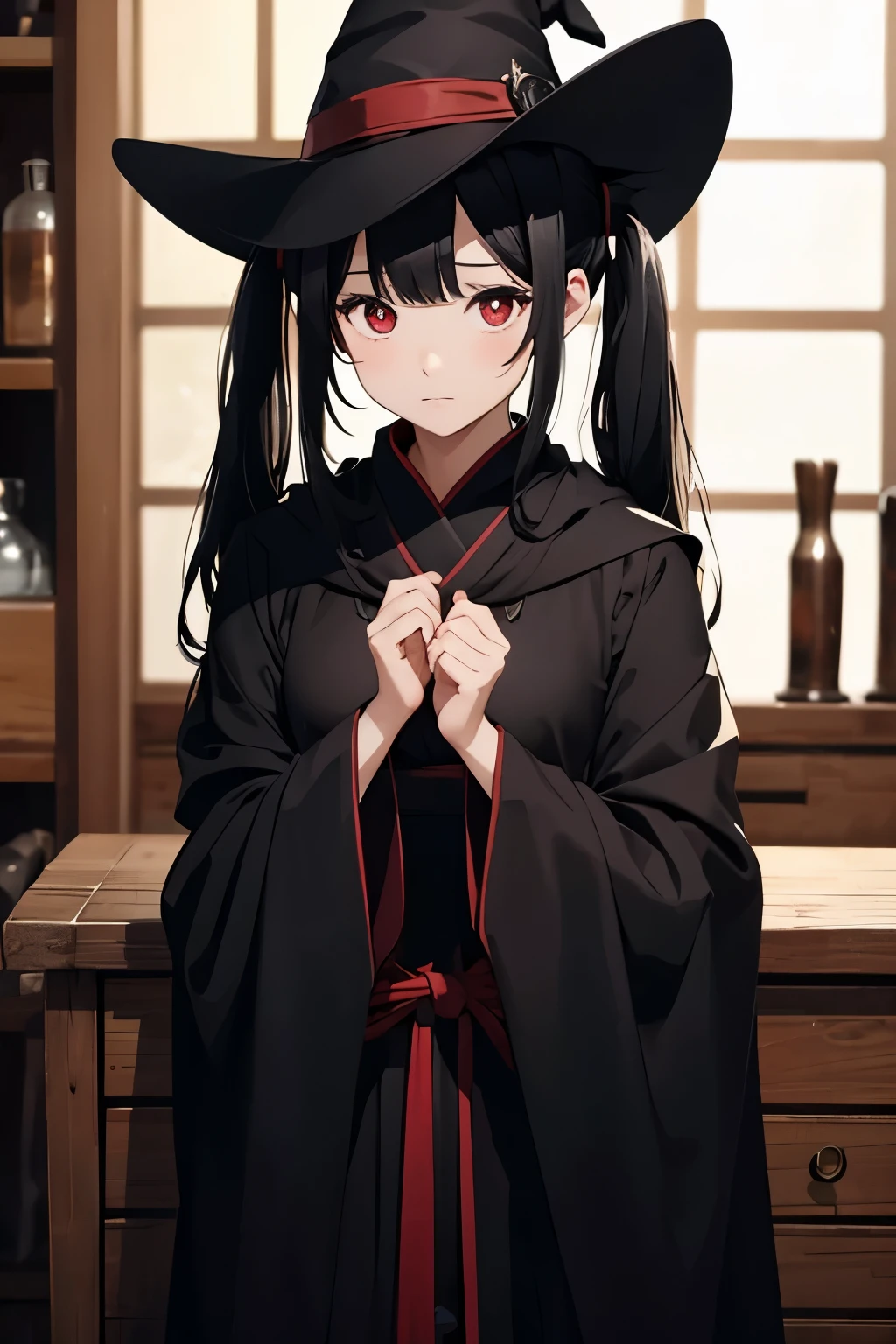 woman(solo)、Alchemist、twin tails(black hair)、shy、red eyes、black robe、witch hat、Inside the magic shop、high resolution、high quality