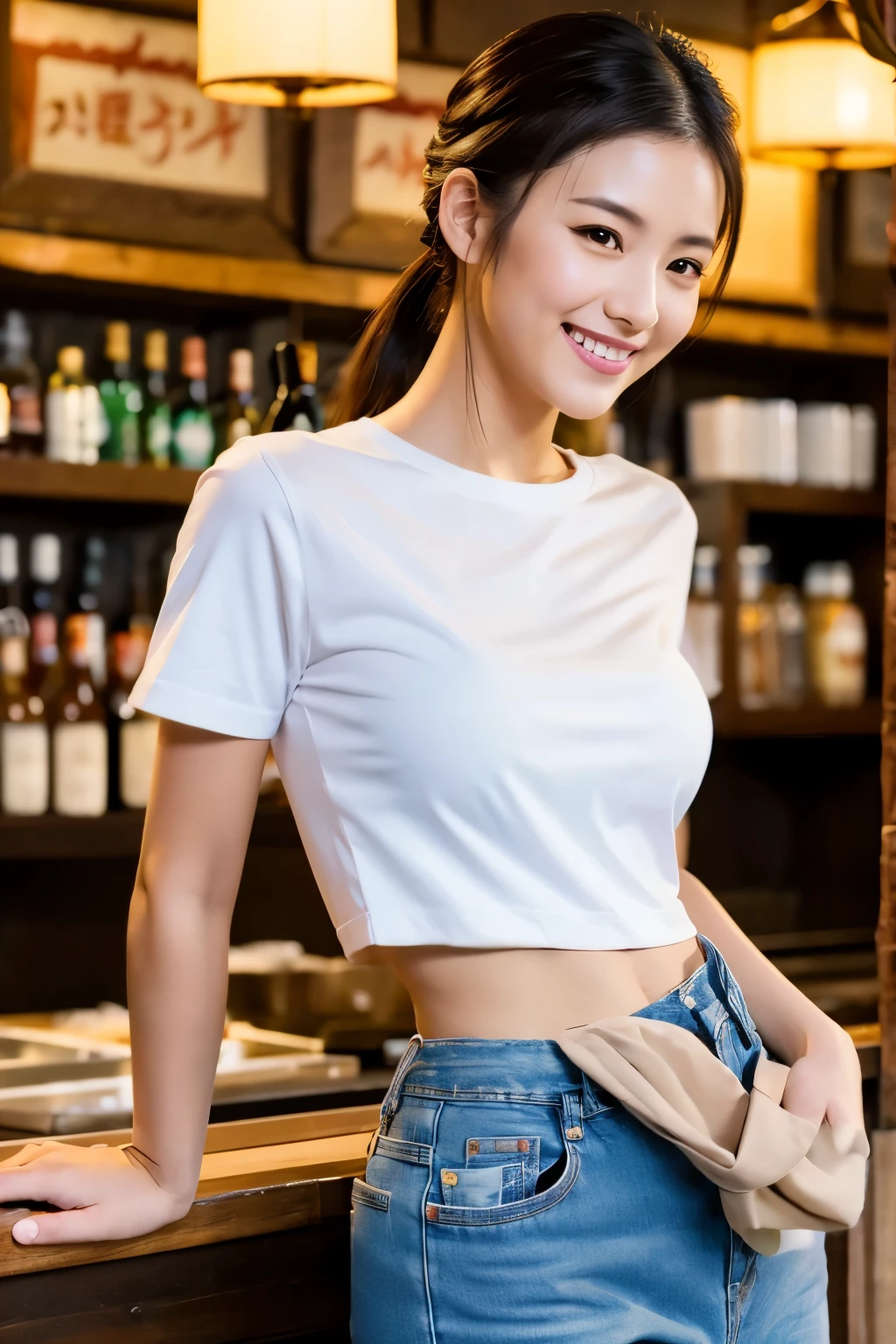 8K,Japanese woman working at an izakaya,Super beautiful(like the real thing),adult woman,Tavern clerk costume,ponytail,jeans,smile,masterpiece,Photorealistic RAW photos of the highest quality。bright colors,rich colors, Backlight, cinematic lighting, film grain, to be born, 50MM lens, Nikon D850,super realistic skin,fantasy art,character art,ultra high resolution,realistic scale skin,Perfect hand shape,view audience,smile,beautiful expression,Close-up,muscular slim body,Makeup,sexy,At work,white t-shirt,