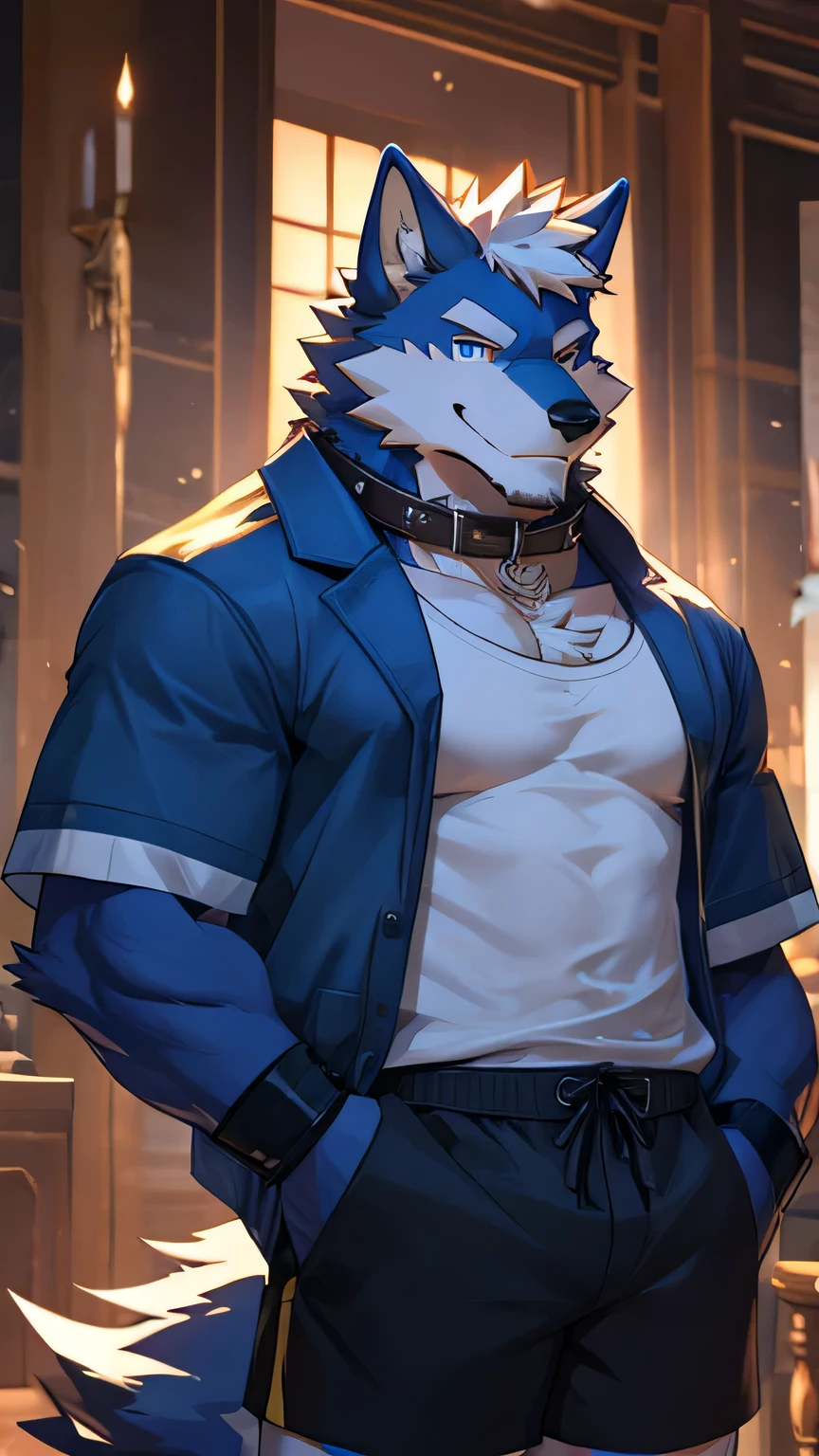 wolf orc，adult，dark blue fur，Partially white fur，white short hair，no beard，collar，Wearing a white sleeveless sweatshirt，a dark blue coat，shorts，close up,anime style天蓝色瞳孔，Strong body，muscular hunk，full-body shot，Smile，front，Gentle and honest，Hand slightly raised，anime style