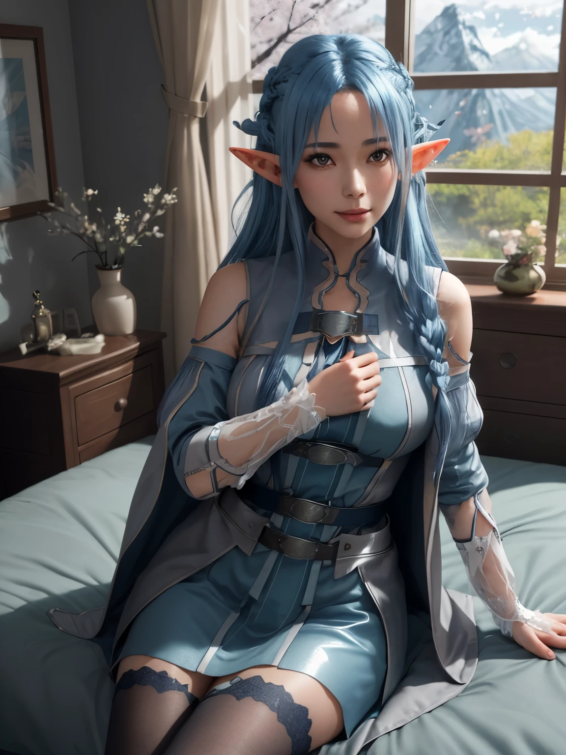 delicated best quality ,masterpiece, illustration, an extremely delicate and beautiful, extremely detailed ,CG ,unity ,8k wallpaper, Amazing, finely detail, masterpiece, best quality, official art, extremely detailed CG unity 8k wallpaper,absurdres, incredibly absurdres, huge filesize , ultra-detailed, highres, extremely detailed, beautiful detailed girl, extremely detailed eyes and face, beautiful detailed eyes, light on face, 1girl, (lie down on bed)!!, anime style, (masterpiece:1.35),(bestquality:1.4), 8k,ultra-detailed, photography, (ultra-realistic:1.4), (depth of field)!!, female focus, mature female, (Prettty Asian female:1.45), adult, ultra white skin, delicate face, delicate skin realistic skin, make over face, (looking at viewer)!!!, (coat on shoulders)!!!, blush, closed mouth, seductive smile, peach lips, detached sleeves, (elf ears)!!, earrings, fingernails, hair between eyes, hair bangs, (ultra shine blue hair)!!, hair braid, very long hair, detailed realistic hair, wear jacket coat, detailed realistic coat, jewelry, detailed jewelry, leather necklace, (covered chest)!!, (coat_over_breast)!!, slim legs, petticoat, fishnet legs, pantyhose, smooth thighs cleavage, garter thighs, nontraditional asuna, (sharp eyes)!!, (eye's pupils colored by shiny blue:1.25)!!, (homochromatic eyes)!!, (exposed eyes)!!, cherry blossom, window, There are birds in the sky, There are butterflies, Snowy mountain in the background of windows, The sky is blue, river outside the room, asuna \(Sword Art Online\), (correct anatomically)!!