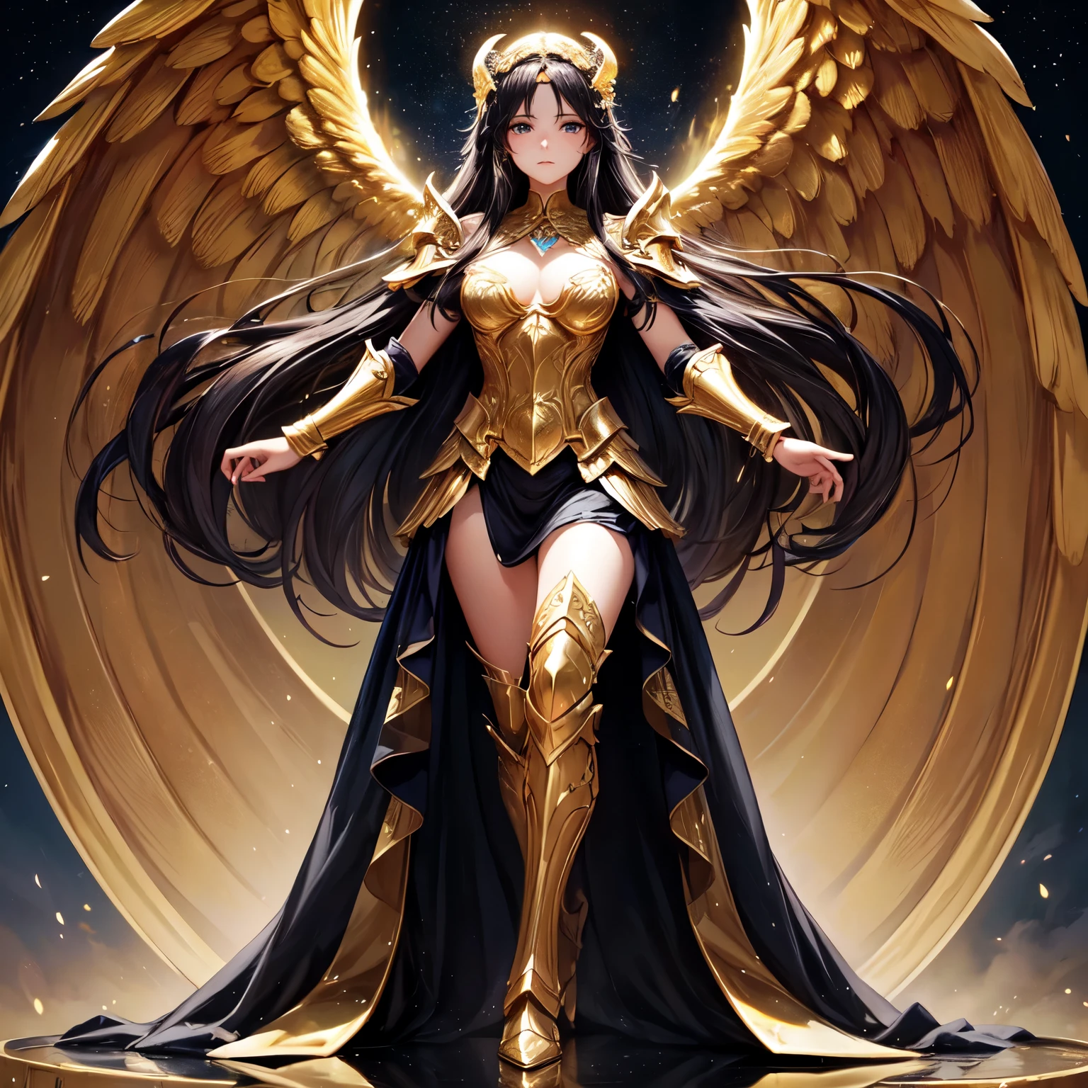 best quality, extremely beautiful, beautiful face, angel woman, four huges golden wing, revealing armor with open front skirt, very long dark hair
