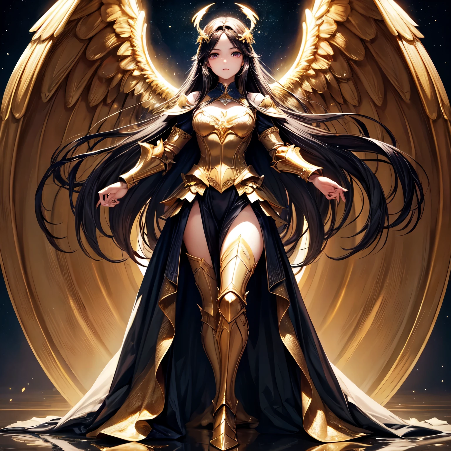 best quality, extremely beautiful, beautiful face, angel woman, four huges golden wing, revealing armor with open front skirt, very long dark hair
