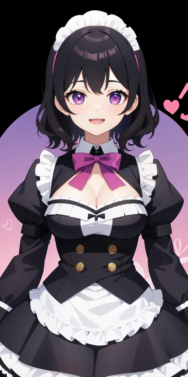 looking at the viewer, 1 girl, open your mouth, smile, Virtual YouTuber、with a girl、((highest quality, expensive_solve, clear_image)),(black hair), (ridiculously short hair), (wavy hair), (Purple eyes)、very big breasts,I wore a maid uniform、laughter、cleavage visible、whole body