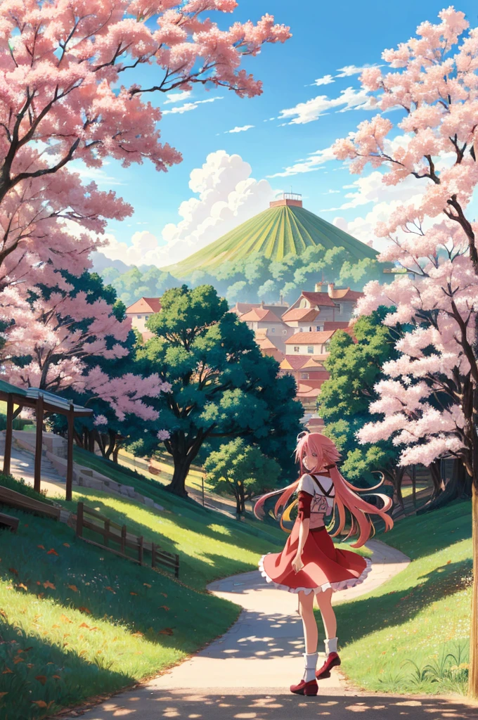 colorful, ((anime)) haruno sakura, long pink hair, green eyes, red dress, ((solo)),  8k, ((leaf village in the background)), ((masterpiece)), HDR, highly detailed, professional  