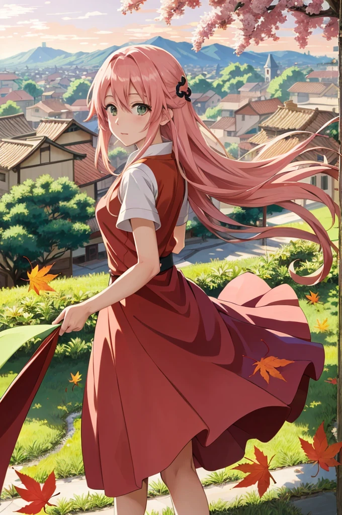 colorful, ((anime)) haruno sakura, long pink hair, green eyes, red dress, ((solo)), 8k, ((leaf village in the background)), ((masterpiece)), HDR, highly detailed, professional