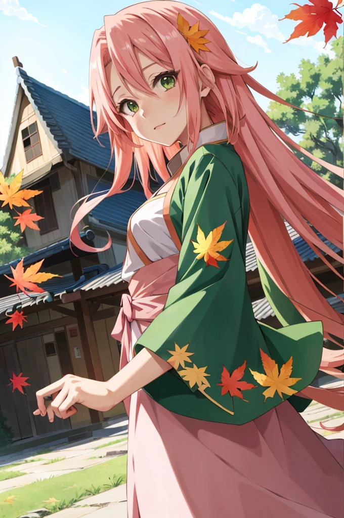 colorful, ((anime)) haruno sakura, long pink hair, green eyes, red dress, ((solo)),  8k, ((leaf village in the background)), ((masterpiece)), HDR, highly detailed, professional  