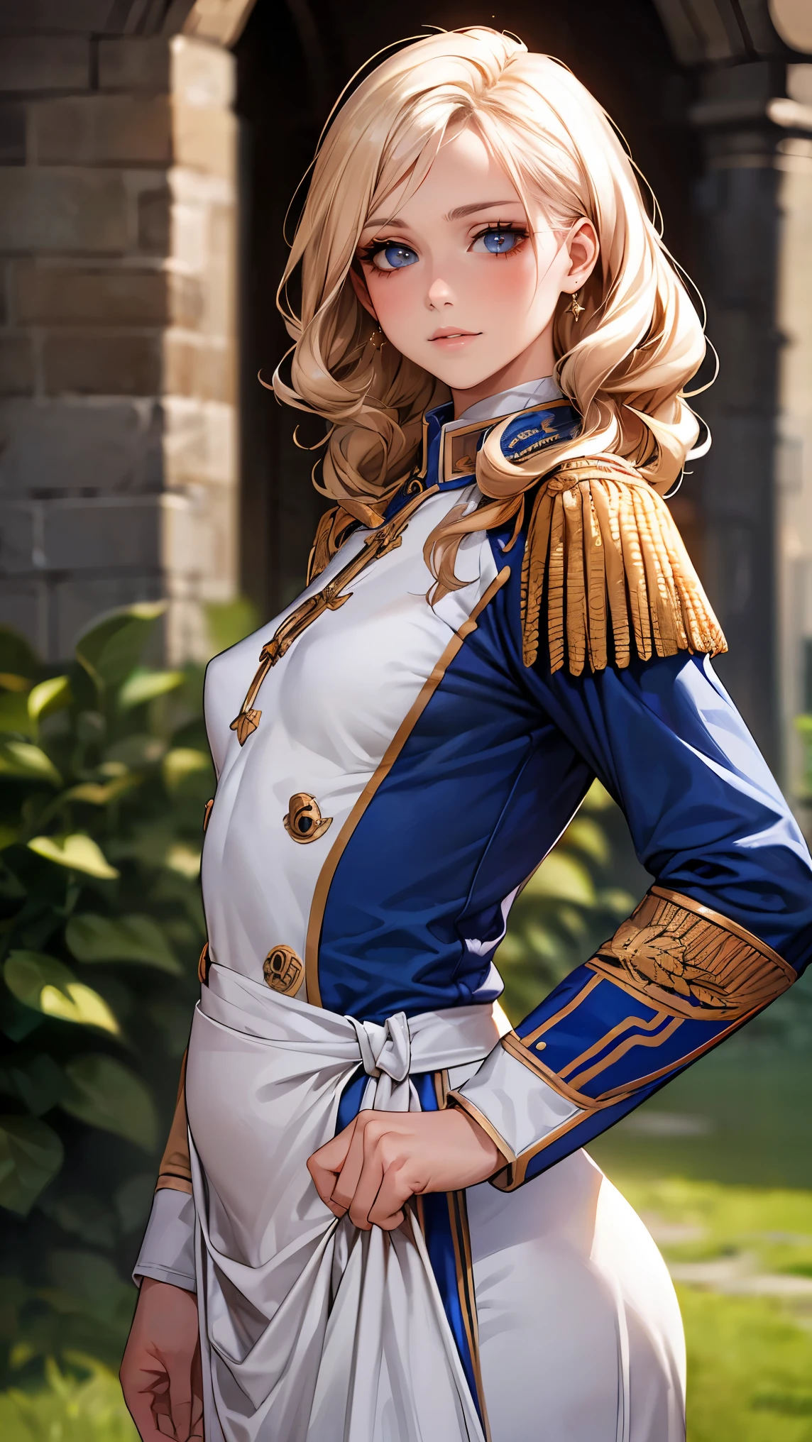 (masterpiece:1.2, highest quality), (realistic, photorealistic:1.4), beautiful illustrations, (natural side lighting, movie lighting), looking at the viewer, Upper body, (Front view), 1 girl, perfect face, Cute symmetrical face, shiny skin, baby face, long eyelashes, (small breasts:1.5), (wide hips),beautiful hair, beautiful face, fine and beautiful eyes, beautiful body, beautiful breasts, beautiful thighs, beautiful feet, beautiful fingers,(beautiful scenery),(cute smile:1.2, upper grade),female, apron, blurry, blurry background, blurry foreground, blush,hair between eyes, Tall woman, (medieval military uniform:1.5), (all white military uniform:1.8), semi-long, blonde, curly hair, Palace of Versailles, (redrose garden),(Woman dressed as a man:1.5),(masculine face looks),order,medal