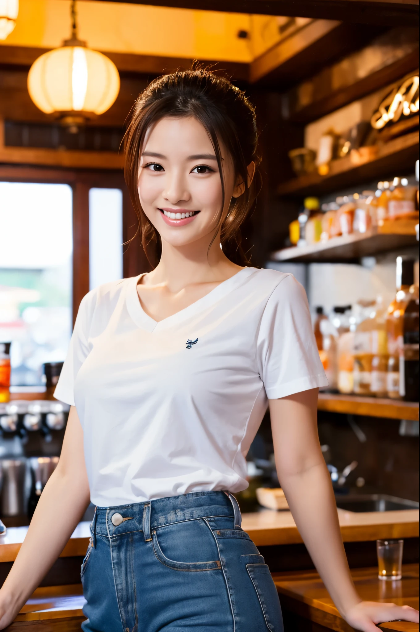 8K,Japanese woman working at an izakaya,Super beautiful(like the real thing),adult woman,Tavern clerk costume,ponytail,jeans,smile,masterpiece,Photorealistic RAW photos of the highest quality。bright colors,rich colors, Backlight, cinematic lighting, film grain, to be born, 50MM lens, Nikon D850,super realistic skin,fantasy art,character art,ultra high resolution,realistic scale skin,Perfect hand shape,view audience,smile,beautiful expression,Close-up,muscular slim body,Makeup,sexy,At work,white t-shirt,