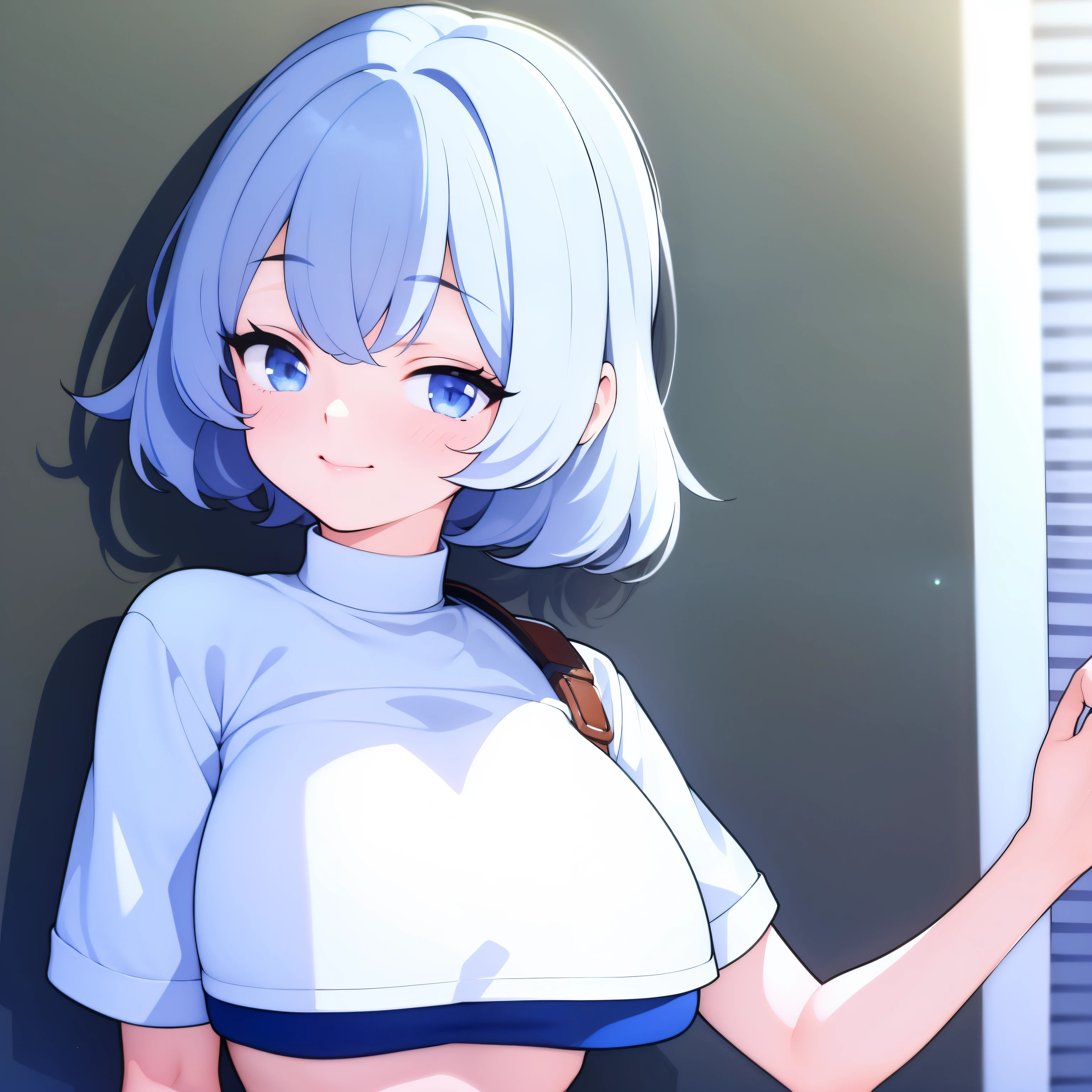 masterpiece, best quality, 1girl, empty eyes, utsurome, hot white crop top, busty, smile
