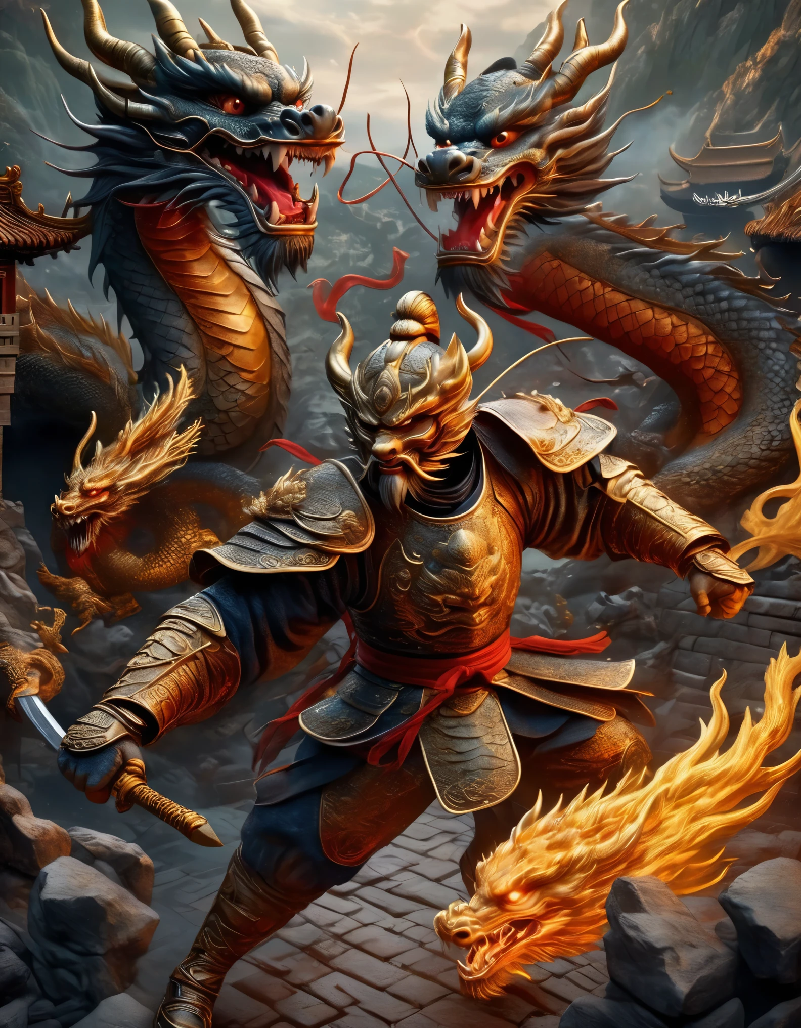 top view，(anthropomorphic Chinese dragon warrior in golden armor fighting enemies), sword swinging through dungeon roofs, red flames of hell, rubble flying, explosions, epic footage, iper quality, iper detail, intricate detail, octan rendering, cinema, standing facing the viewer, mythological creatures, hermits, conceptual art, wide angle, full composition, dynamic lighting, film