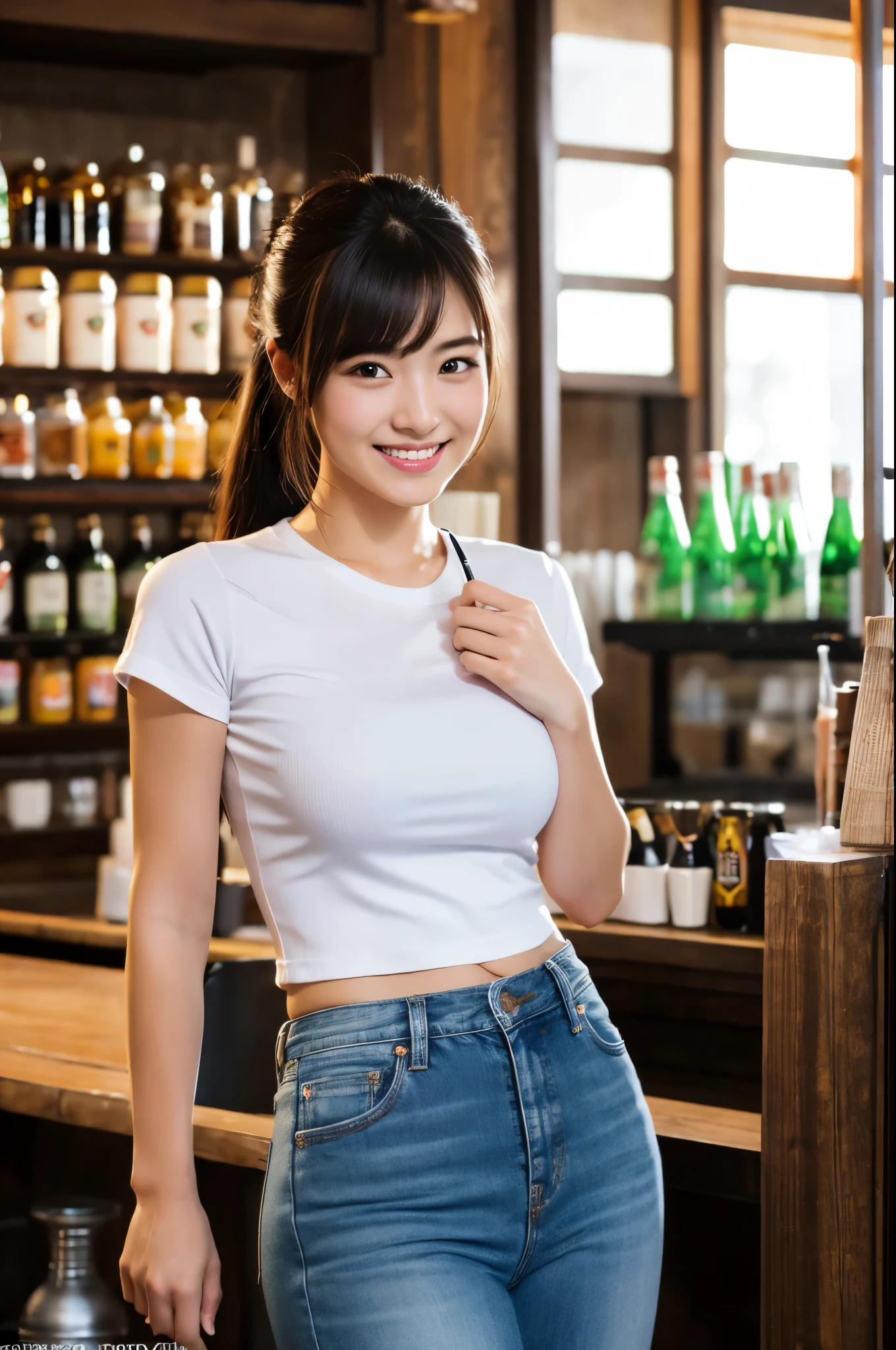 8K,Japanese woman working at an izakaya,Super beautiful(like the real thing),adult woman,Tavern clerk costume,ponytail,jeans,smile,masterpiece,Photorealistic RAW photos of the highest quality。bright colors,rich colors, Backlight, cinematic lighting, film grain, to be born, 50MM lens, Nikon D850,super realistic skin,fantasy art,character art,ultra high resolution,realistic scale skin,Perfect hand shape,view audience,smile,beautiful expression,Close-up,muscular slim body,Makeup,sexy,At work,white t-shirt,