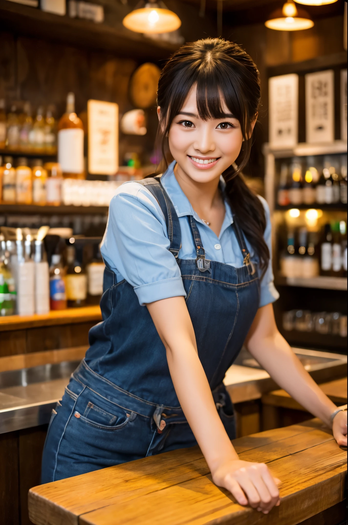 8K,Japanese woman working at an izakaya,Super beautiful(like the real thing),adult woman,Tavern clerk costume,ponytail,jeans,smile,masterpiece,Photorealistic RAW photos of the highest quality。bright colors,rich colors, Backlight, cinematic lighting, film grain, to be born, 50MM lens, Nikon D850,super realistic skin,fantasy art,character art,ultra high resolution,realistic scale skin,Perfect hand shape,view audience,smile,beautiful expression,Close-up,muscular slim body,Makeup,sexy,At work,white t-shirt,